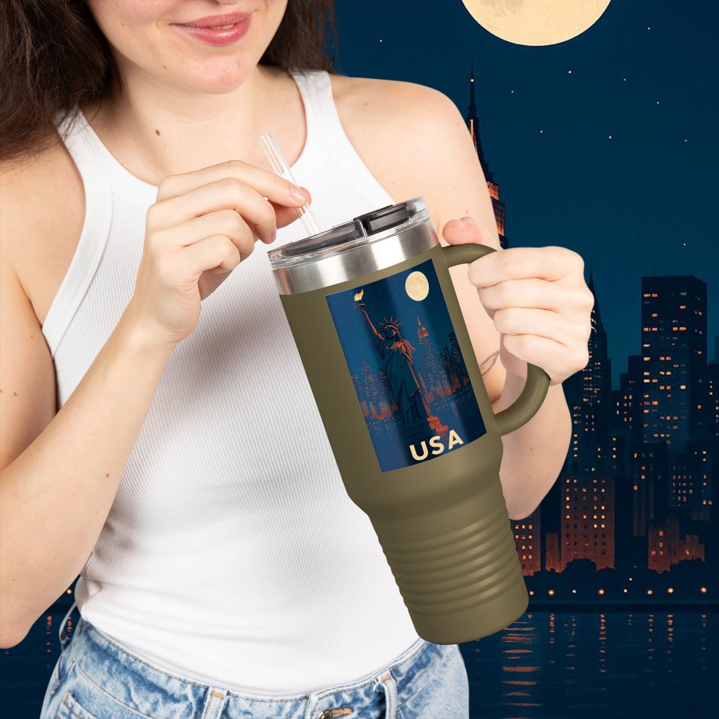 "taza de Viaje Aislada Estados Unidos: Sueños, Libertad y Grandes Horizontes 🗽🏜️🌆"