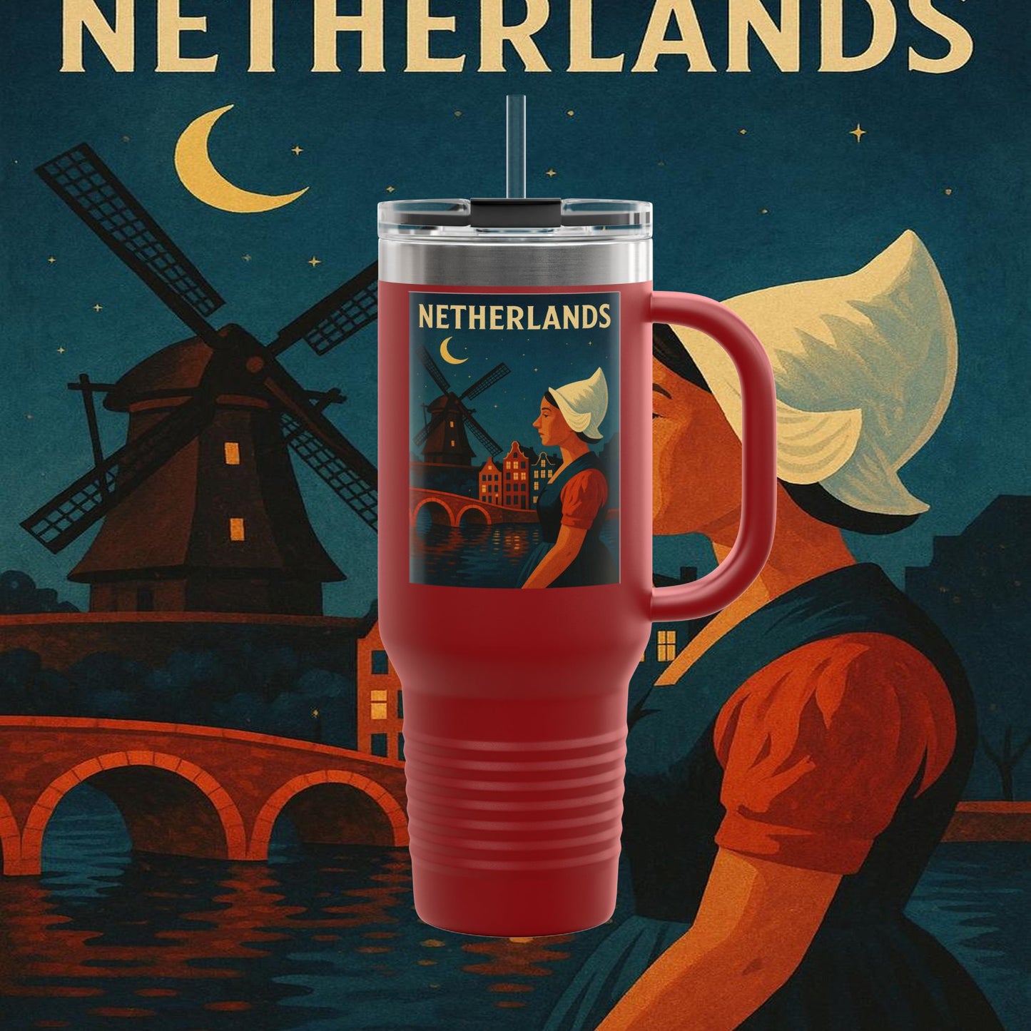 "Netherlands Insulated Travel Mug✨ – Land of tulips, windmills, and magical canals"
