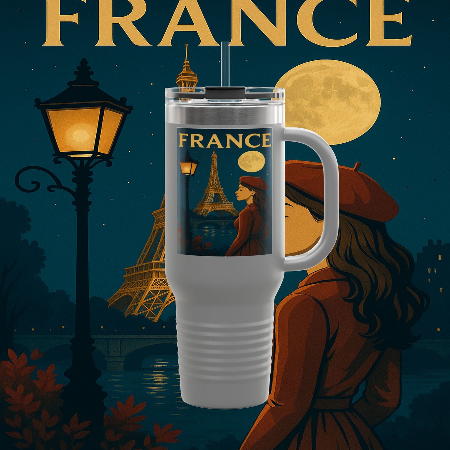 "France Insulated Travel Mug: Moonlit Romance 🌙🗼✨"