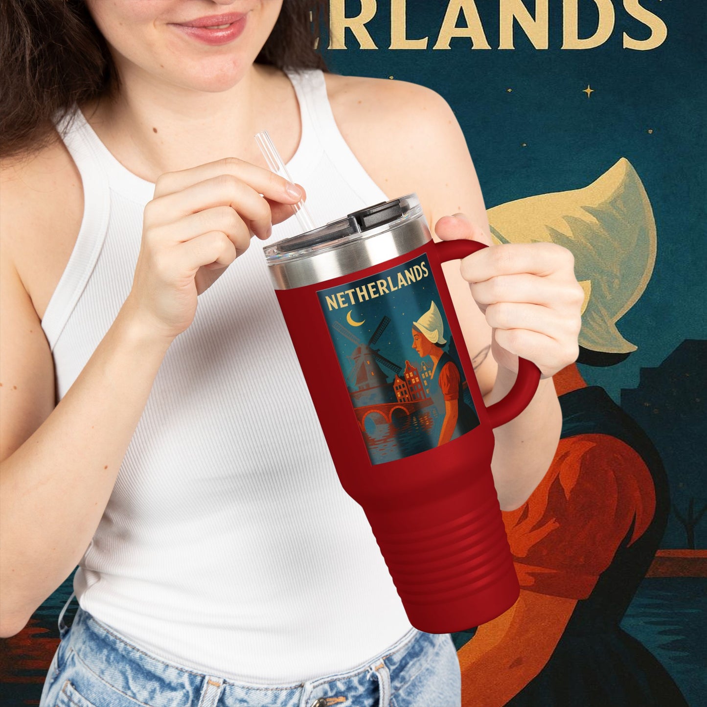 "Netherlands Insulated Travel Mug✨ – Land of tulips, windmills, and magical canals"