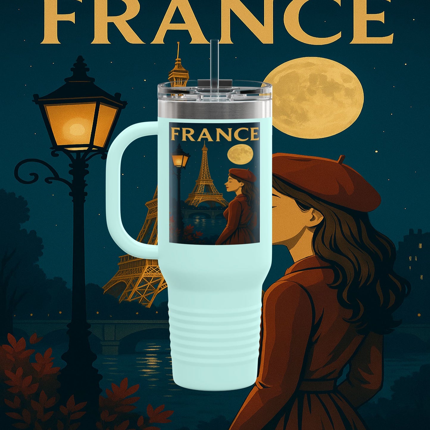 "France Insulated Travel Mug: Moonlit Romance 🌙🗼✨"
