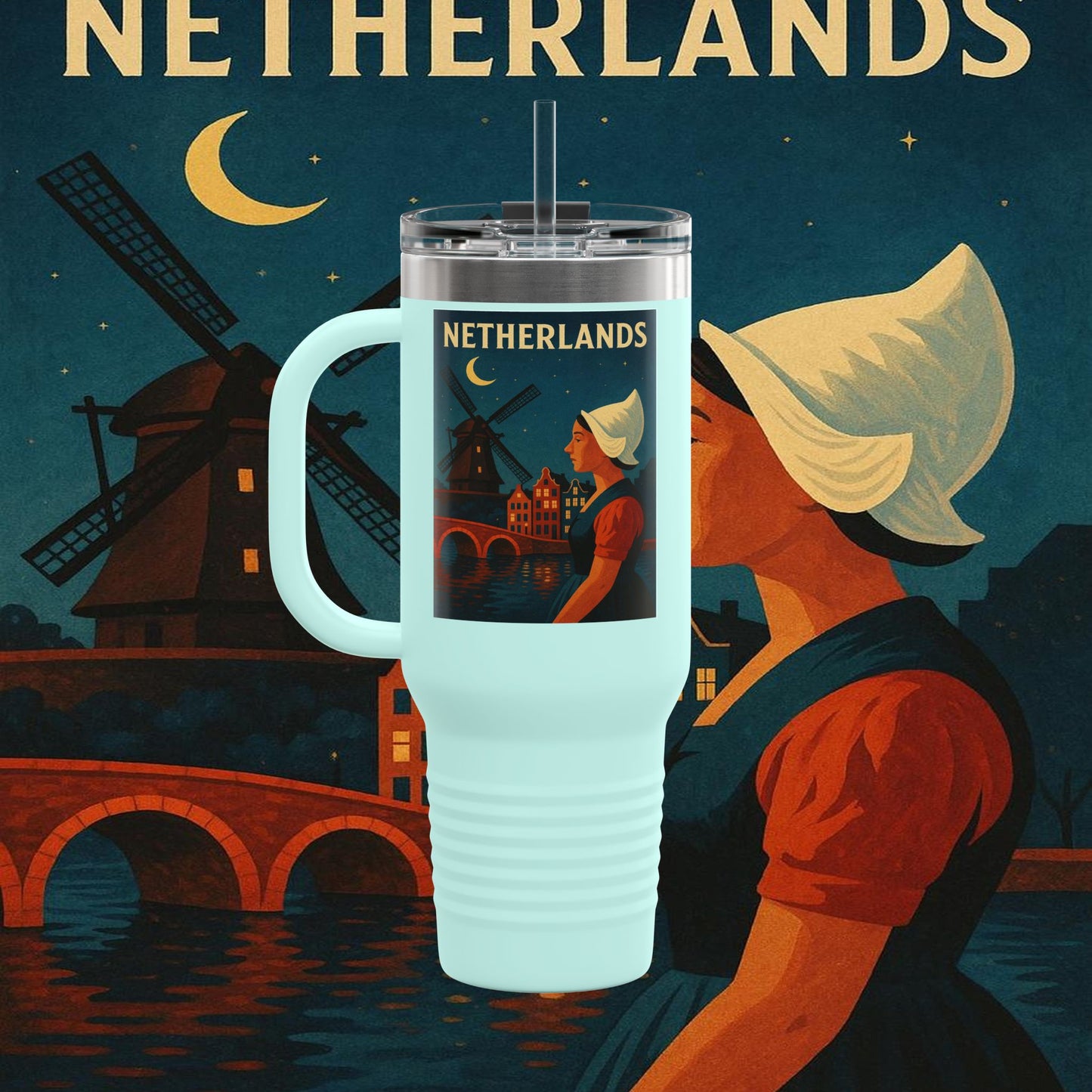 "Netherlands Insulated Travel Mug✨ – Land of tulips, windmills, and magical canals"
