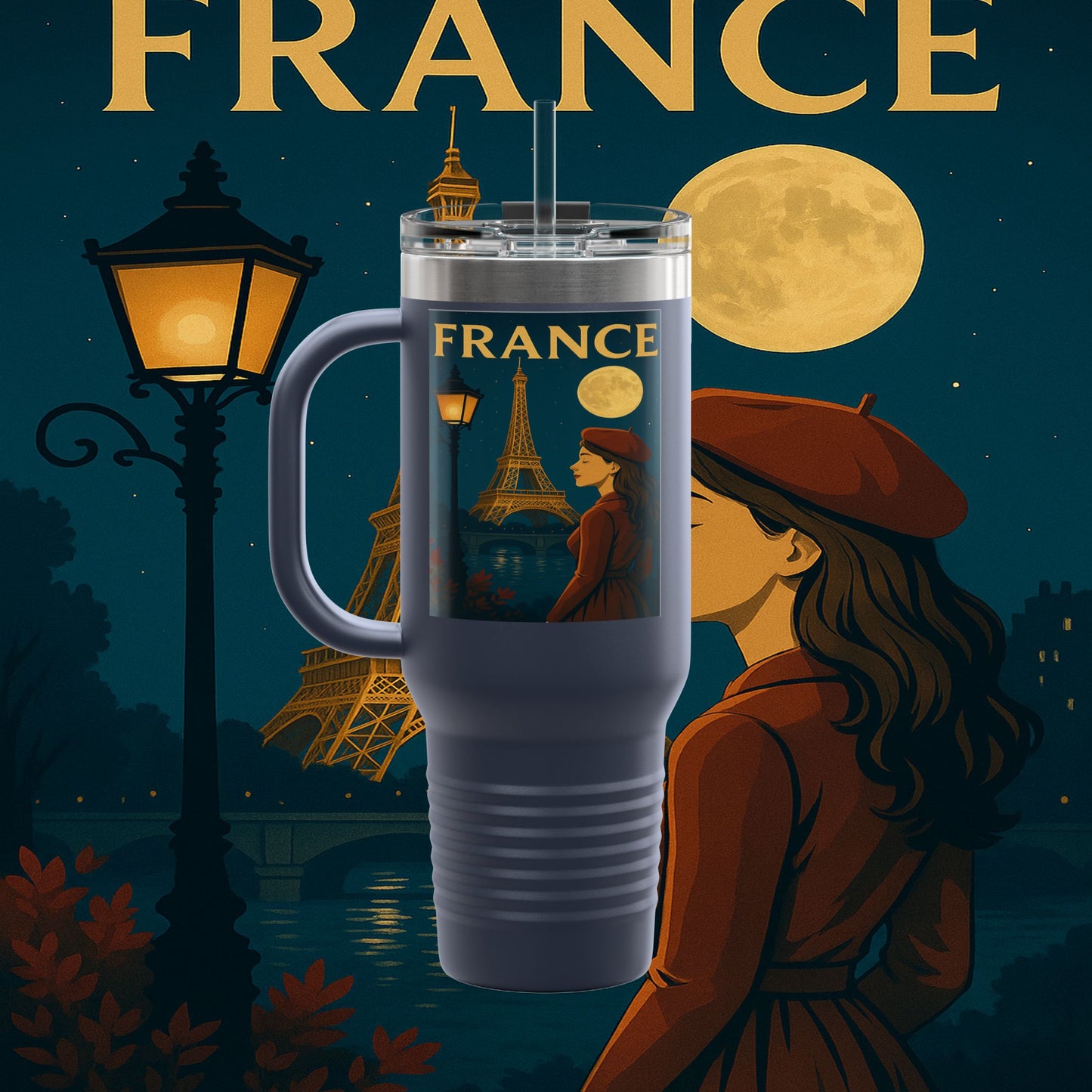 "France Insulated Travel Mug: Moonlit Romance 🌙🗼✨"