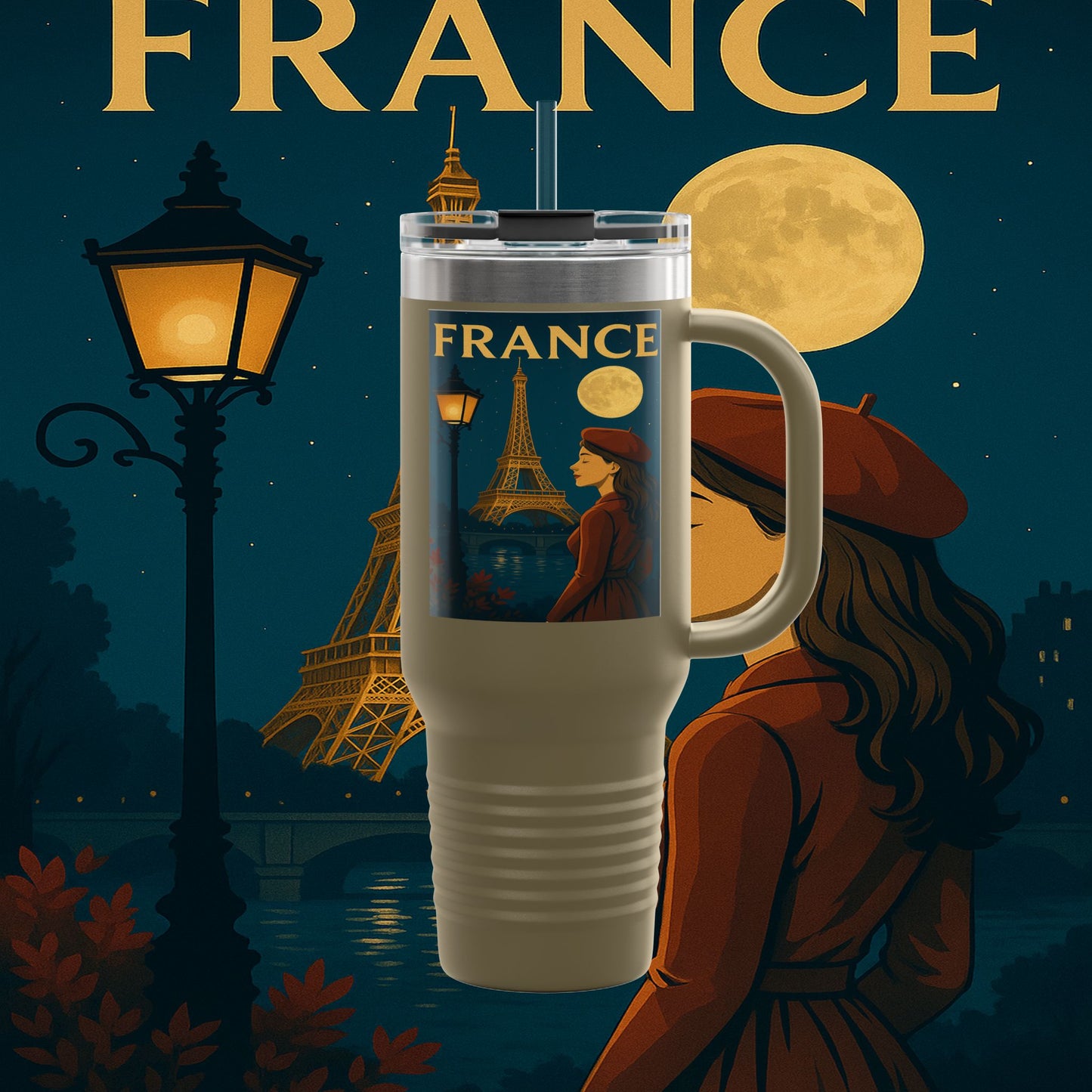 "France Insulated Travel Mug: Moonlit Romance 🌙🗼✨"