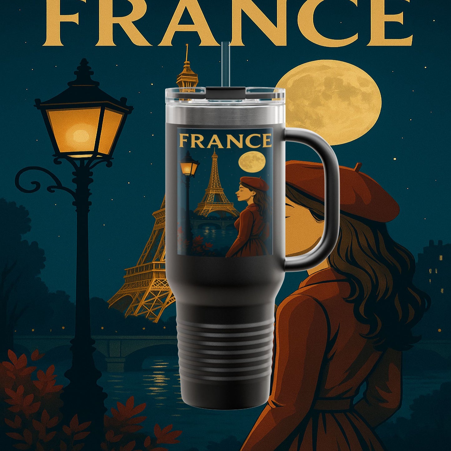 "France Insulated Travel Mug: Moonlit Romance 🌙🗼✨"