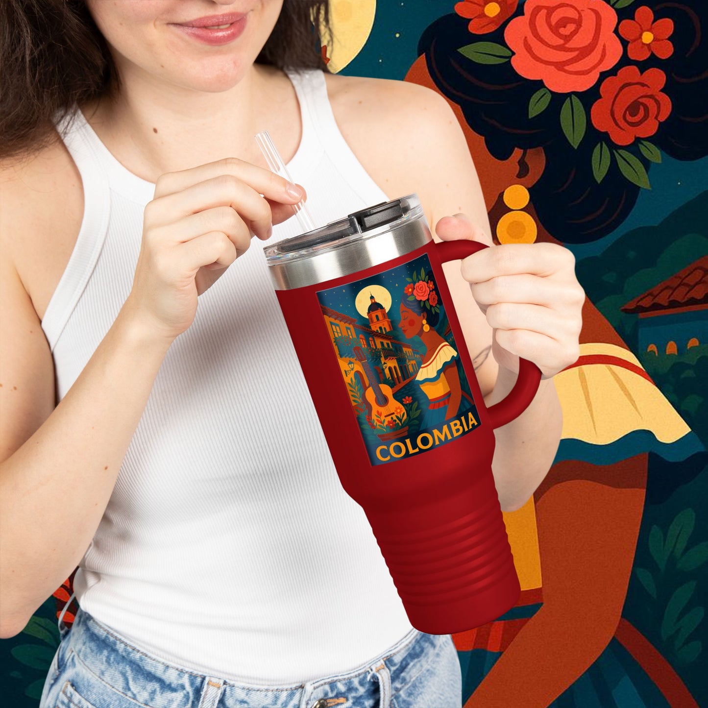 "taza de Viaje Aislada Colombia: Magia de Colores, Café y Tradición ☕🎨🌄"