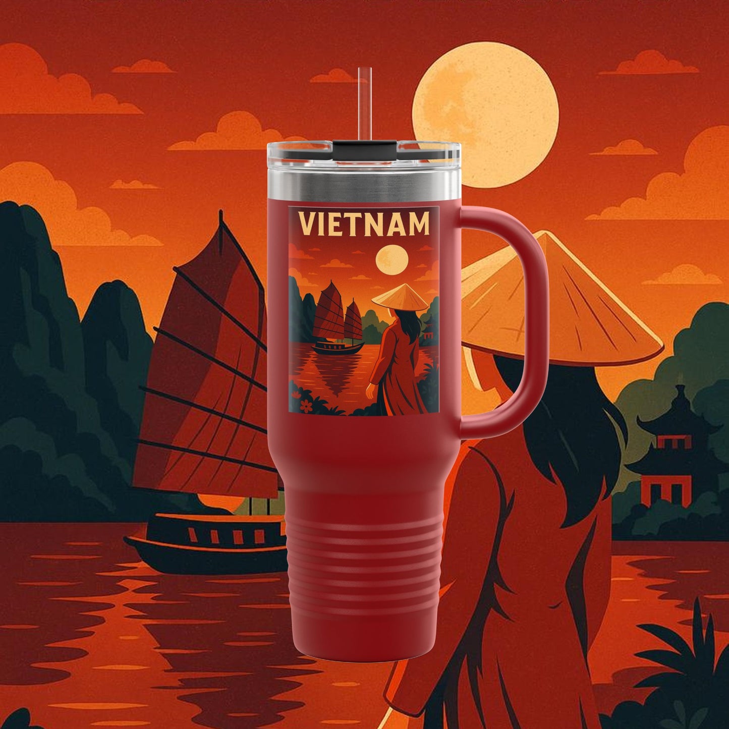 "Vietnam Insulated Travel Mug: Tradition, Nature, and Ancestral Legends 🎋🏯🐉"