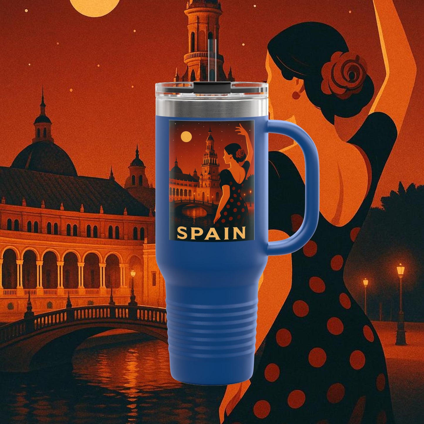 "Spain Insulated Travel Mug: Passion, Art, and Flavors that Make You Fall in Love 🎨💃🍷"