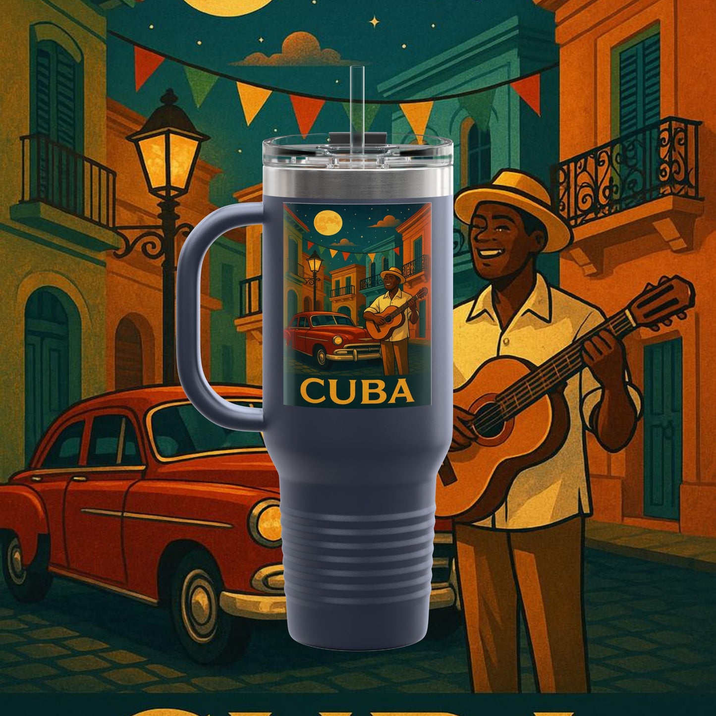 "taza de Viaje Aislada Cuba: Ritmo, Historia y Encanto Caribeño 🎺🚗🌴 "