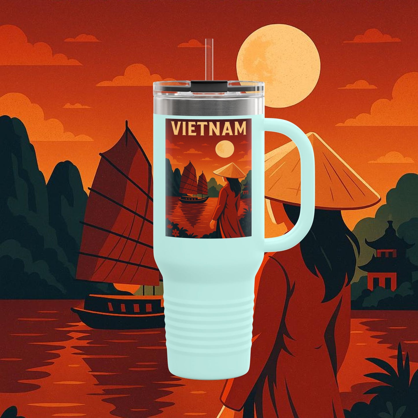 "Vietnam Insulated Travel Mug: Tradition, Nature, and Ancestral Legends 🎋🏯🐉"