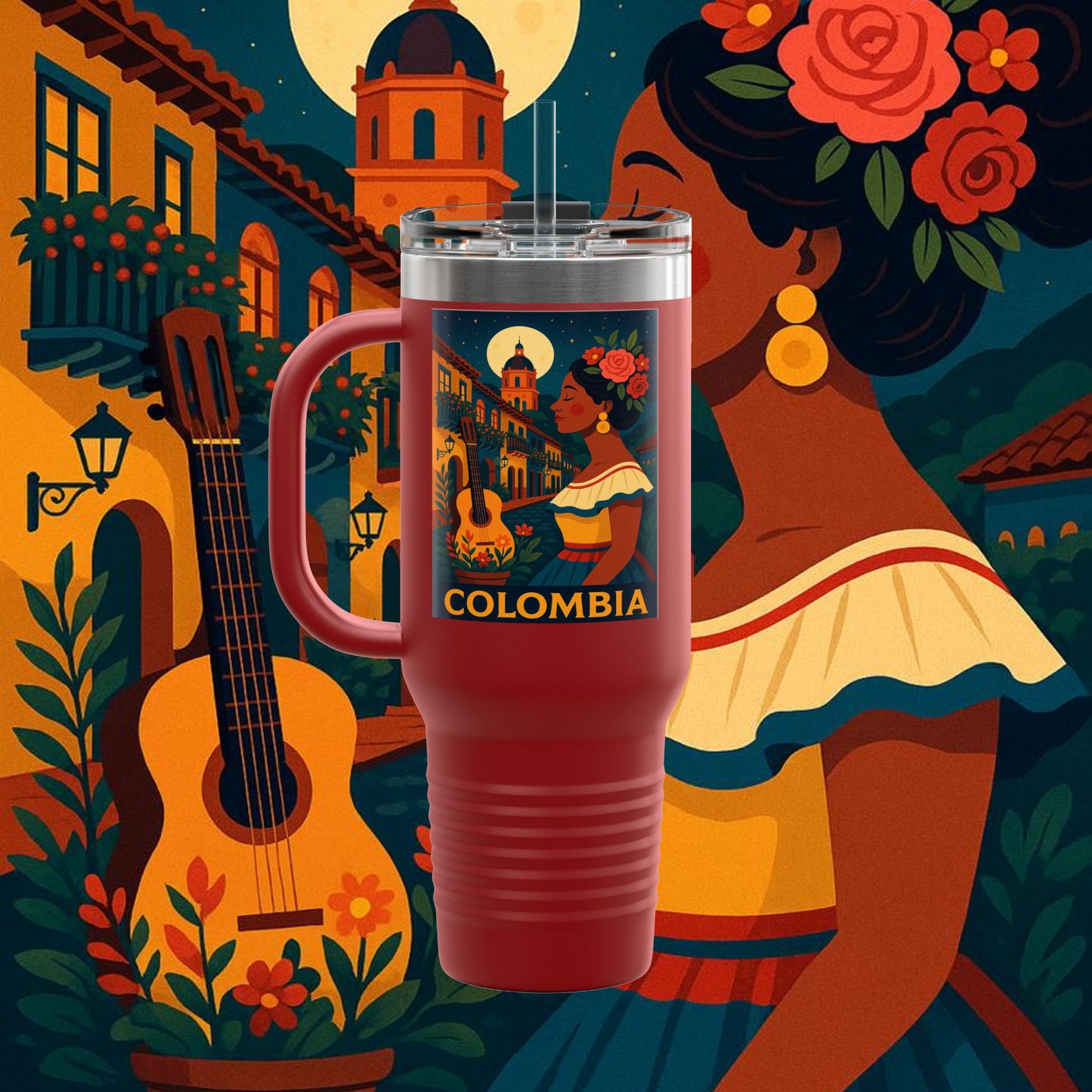 "taza de Viaje Aislada Colombia: Magia de Colores, Café y Tradición ☕🎨🌄"
