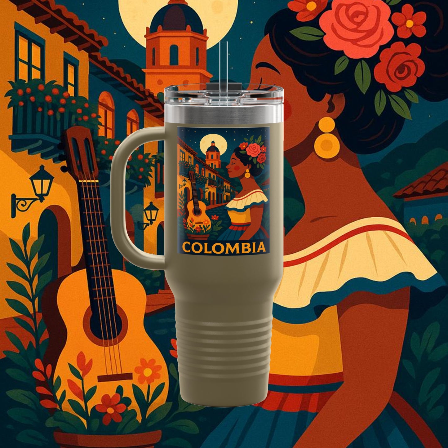"taza de Viaje Aislada Colombia: Magia de Colores, Café y Tradición ☕🎨🌄"