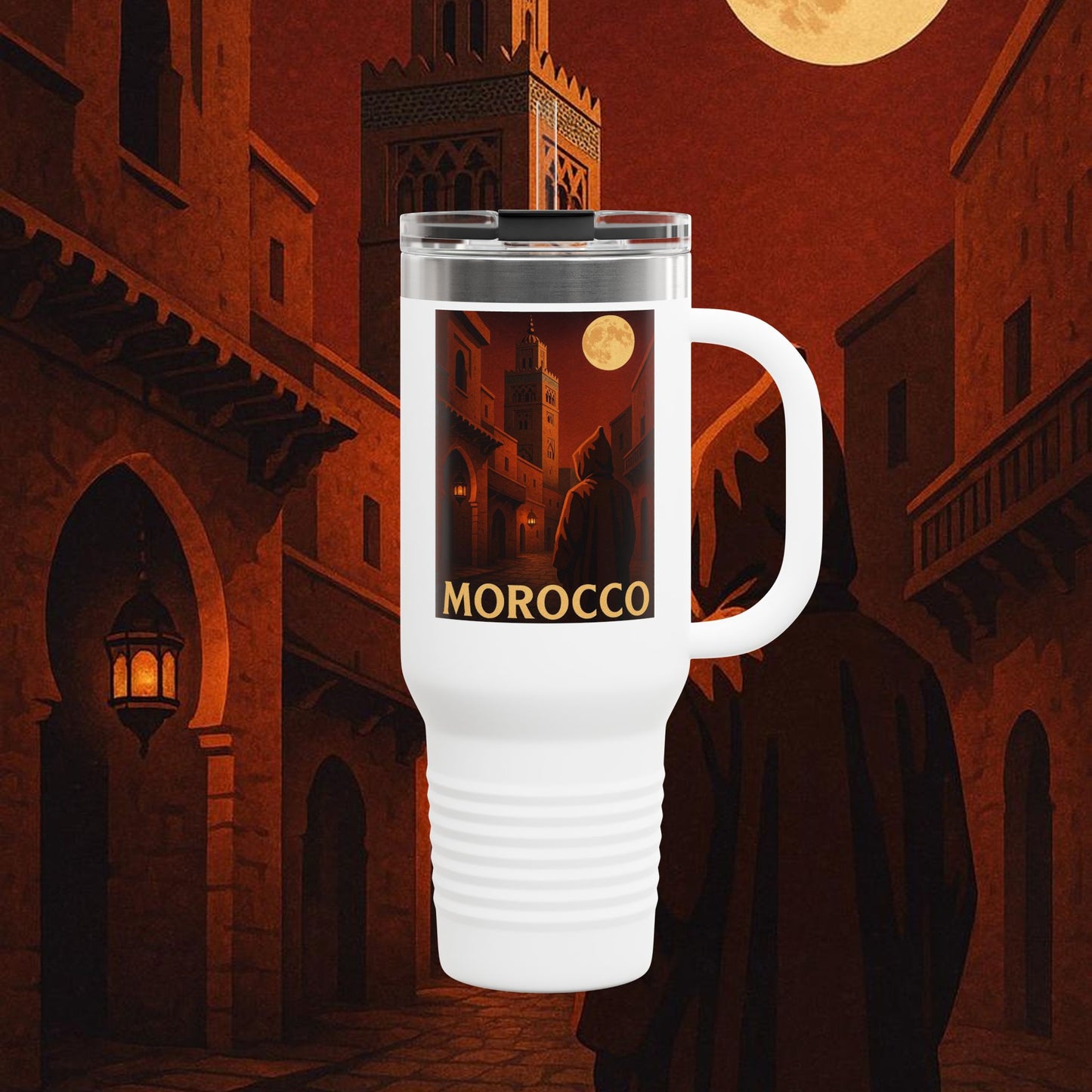 "Morocco Insulated Travel Mug: Magic of the Desert and Cities of a Thousand Colors 🐪🏜️🕌"