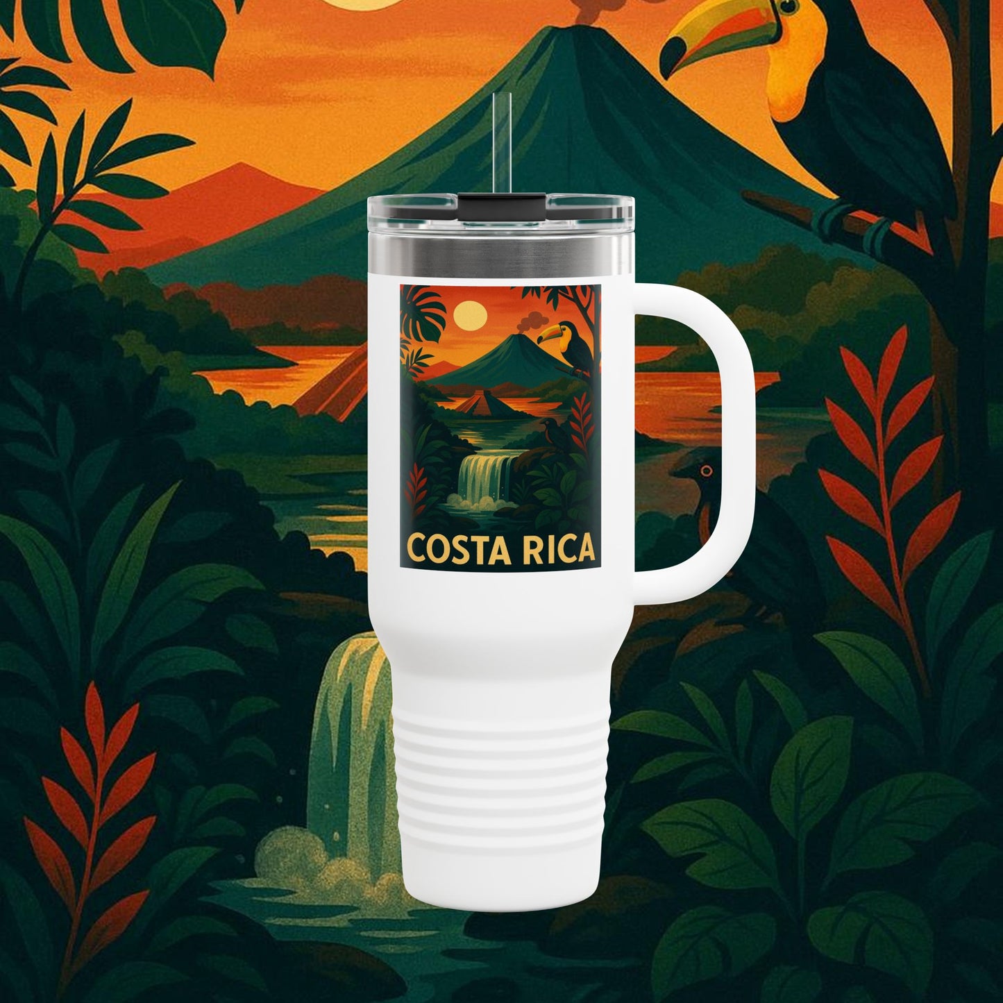 "Costa Rica Insulated Travel Mug: Pura Vida between Volcanoes and Jungles 🌋🌴🦜"