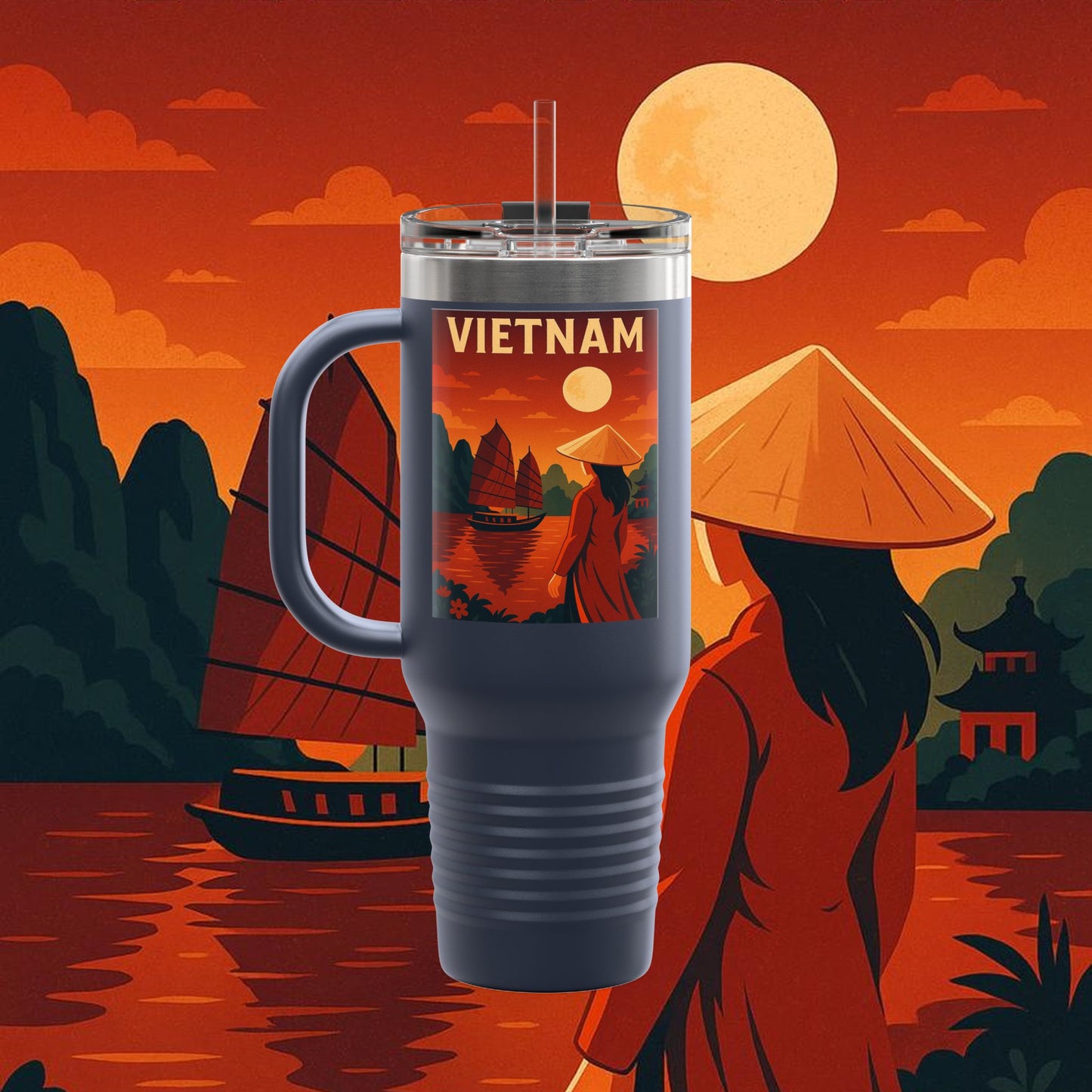 "Vietnam Insulated Travel Mug: Tradition, Nature, and Ancestral Legends 🎋🏯🐉"