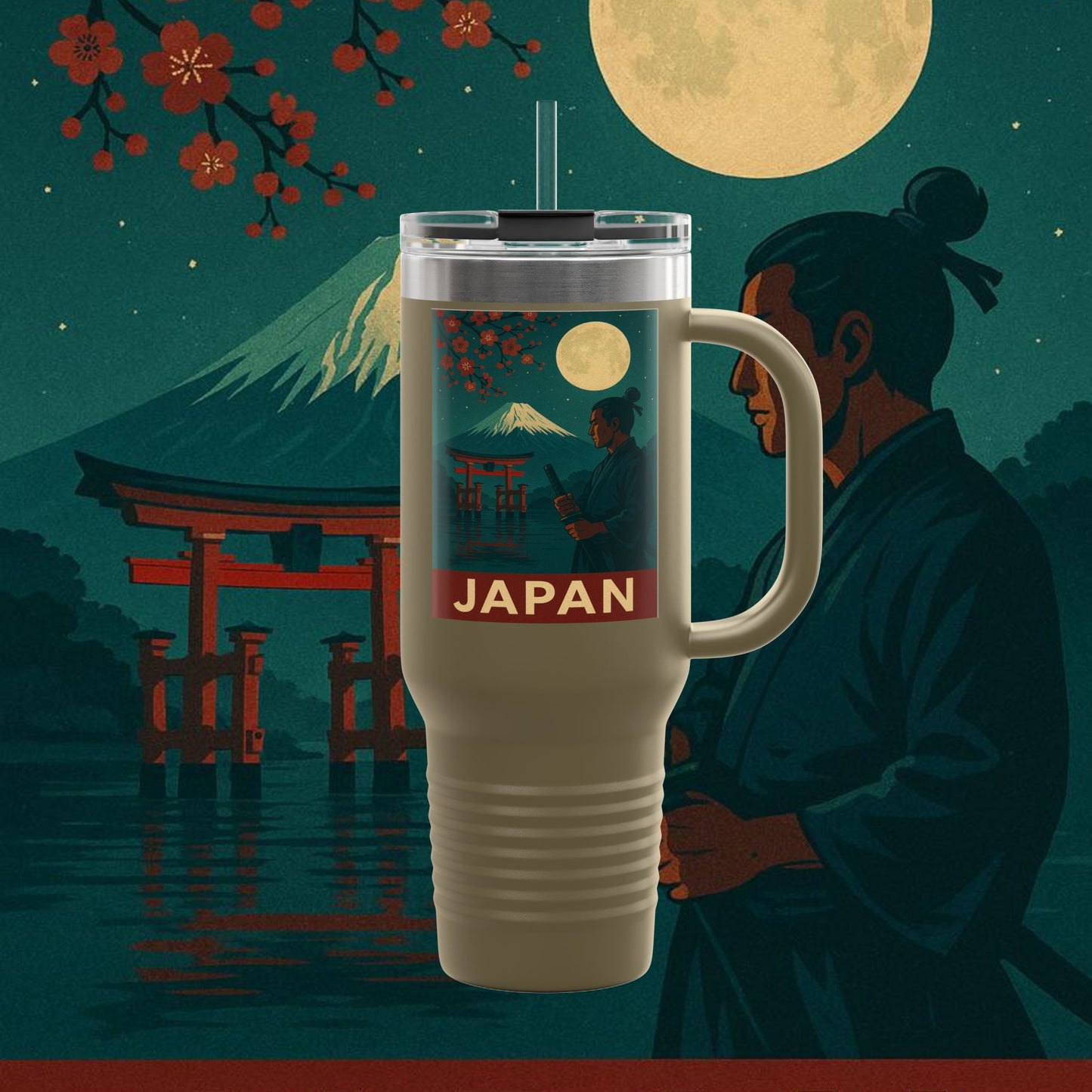 "Japan Insulated Travel Mug: Tradition among Cherry Blossoms and Mountains 🌸⛩️🗻"
