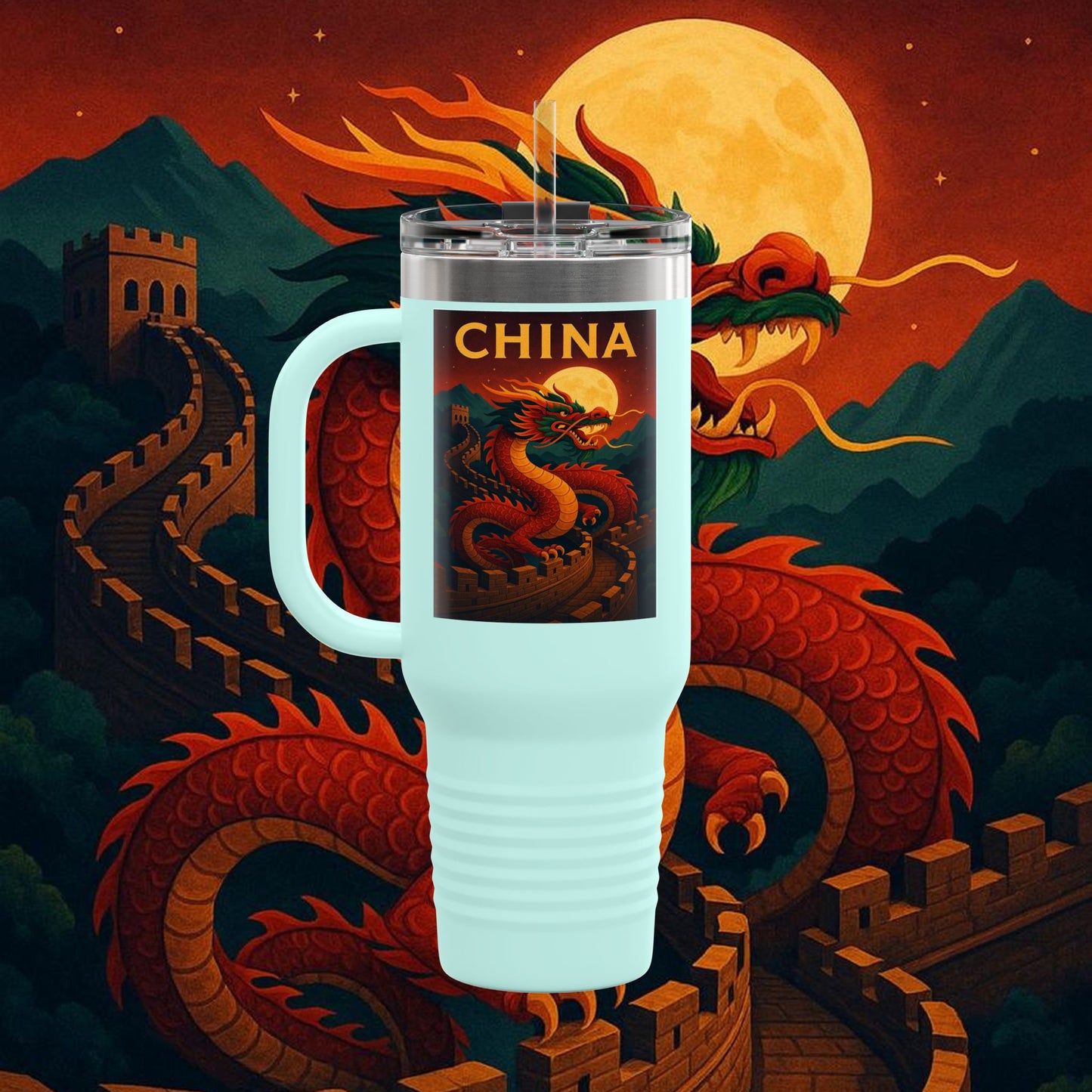 "China Insulated Travel Mug – Dragons, Walls, and Eternal Legends"