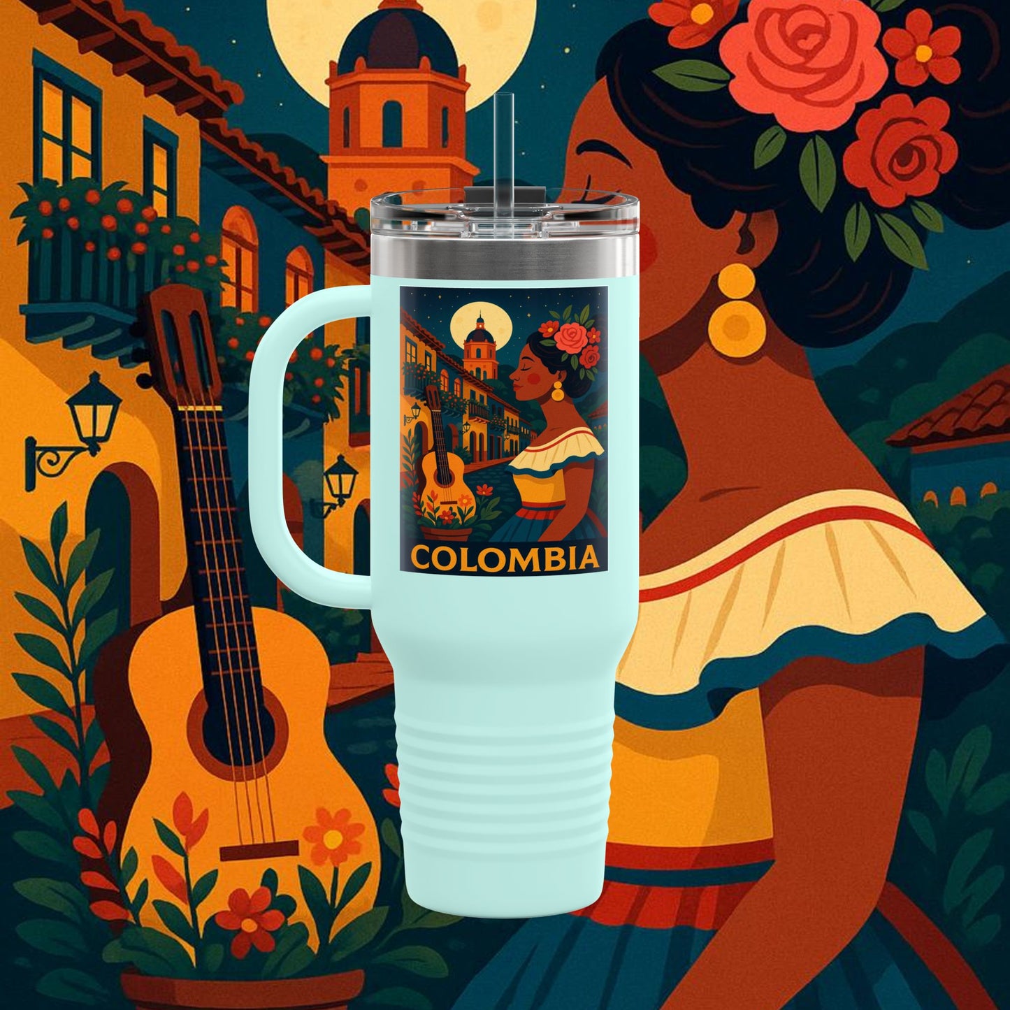 "taza de Viaje Aislada Colombia: Magia de Colores, Café y Tradición ☕🎨🌄"