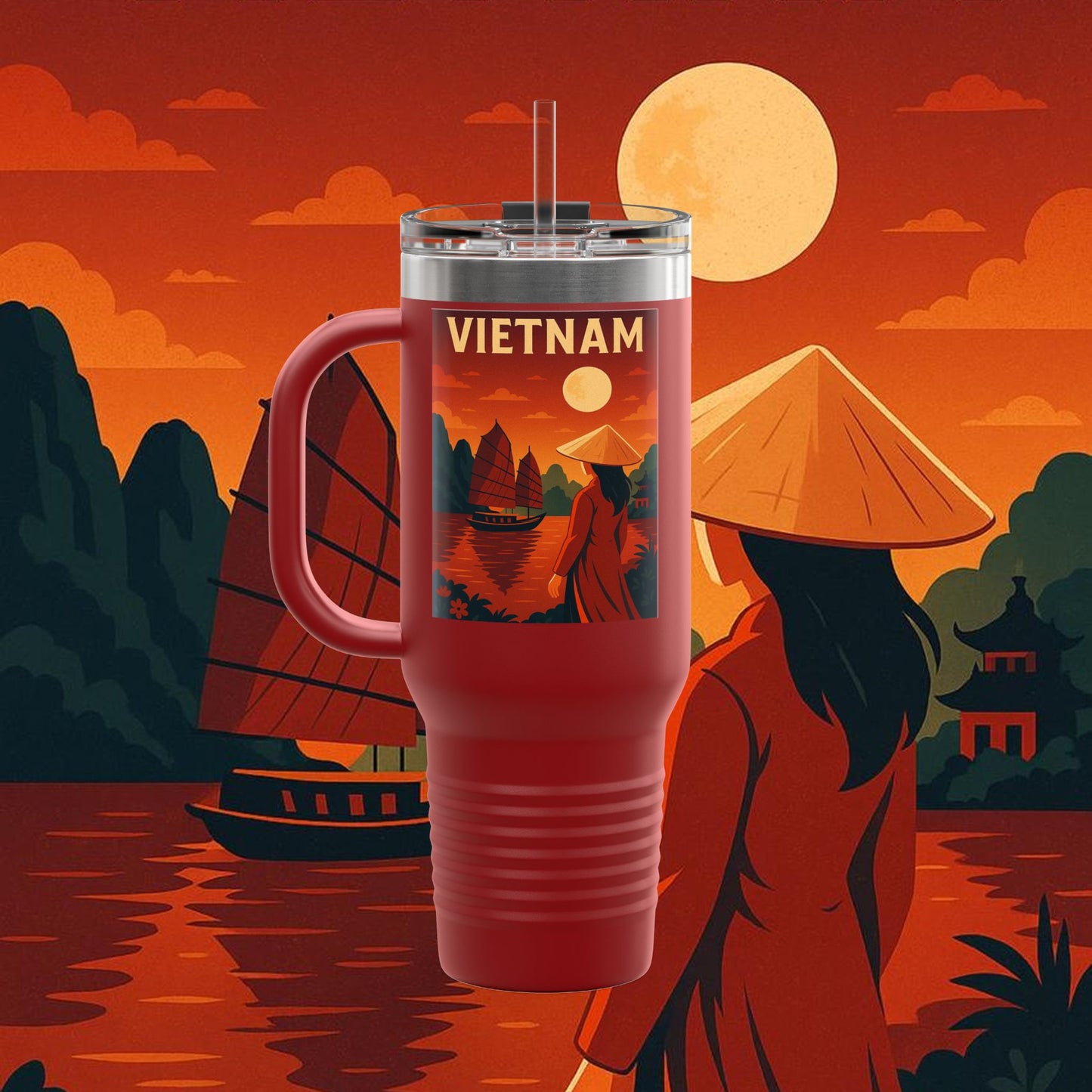 "Vietnam Insulated Travel Mug: Tradition, Nature, and Ancestral Legends 🎋🏯🐉"