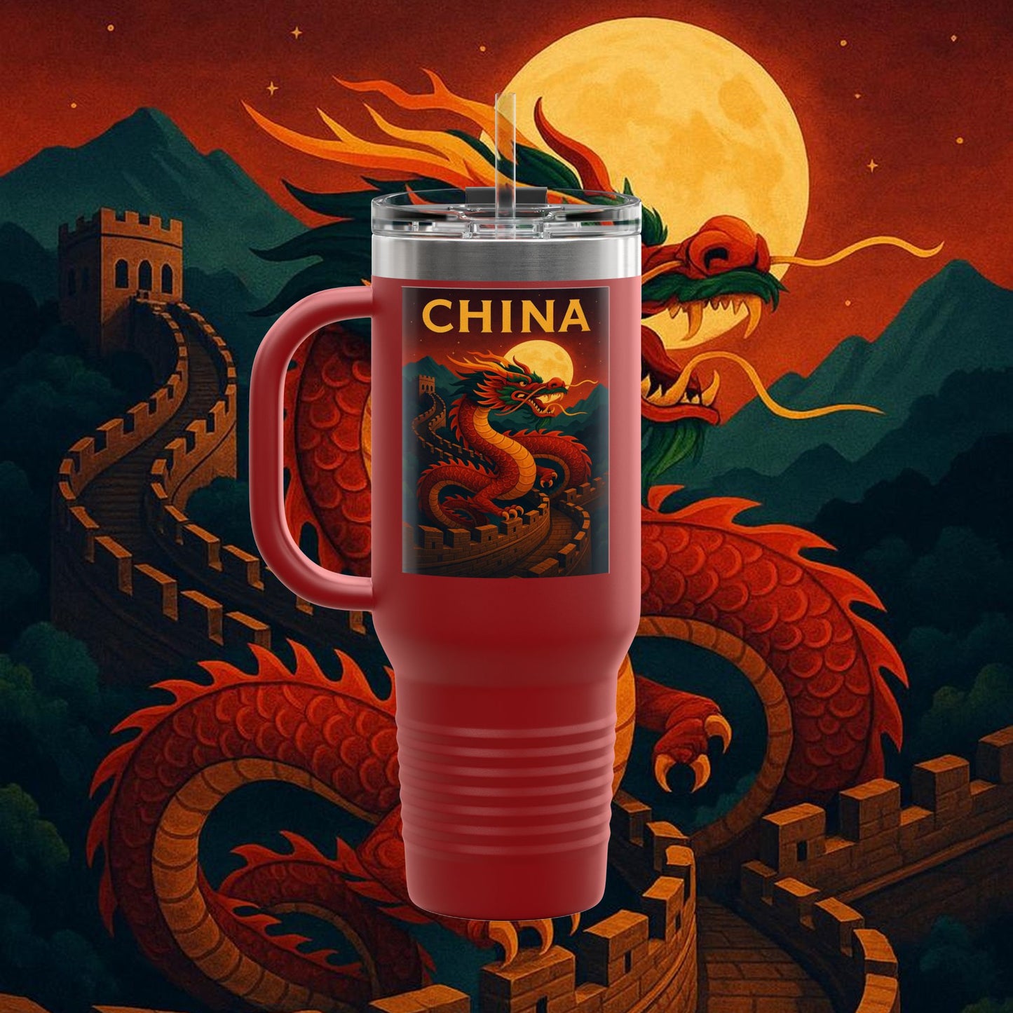 "China Insulated Travel Mug – Dragons, Walls, and Eternal Legends"