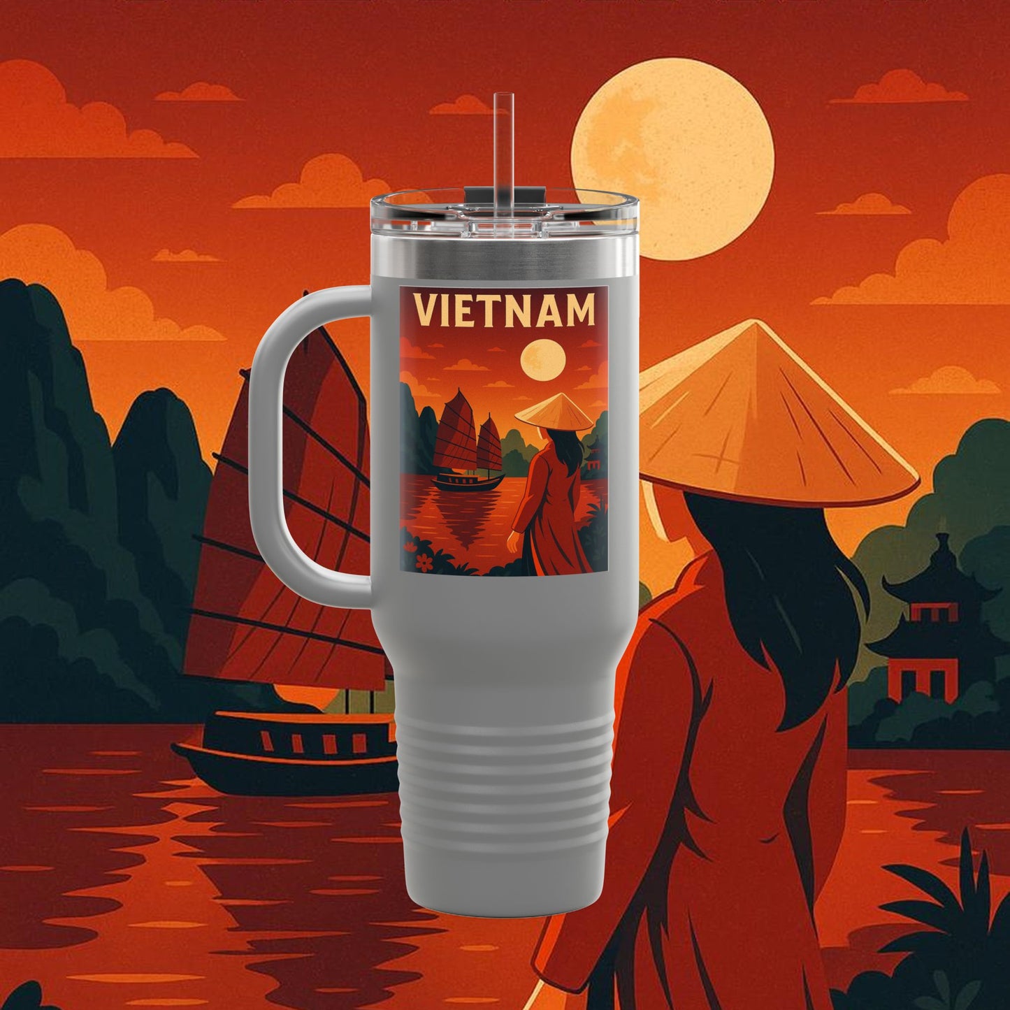 "Vietnam Insulated Travel Mug: Tradition, Nature, and Ancestral Legends 🎋🏯🐉"