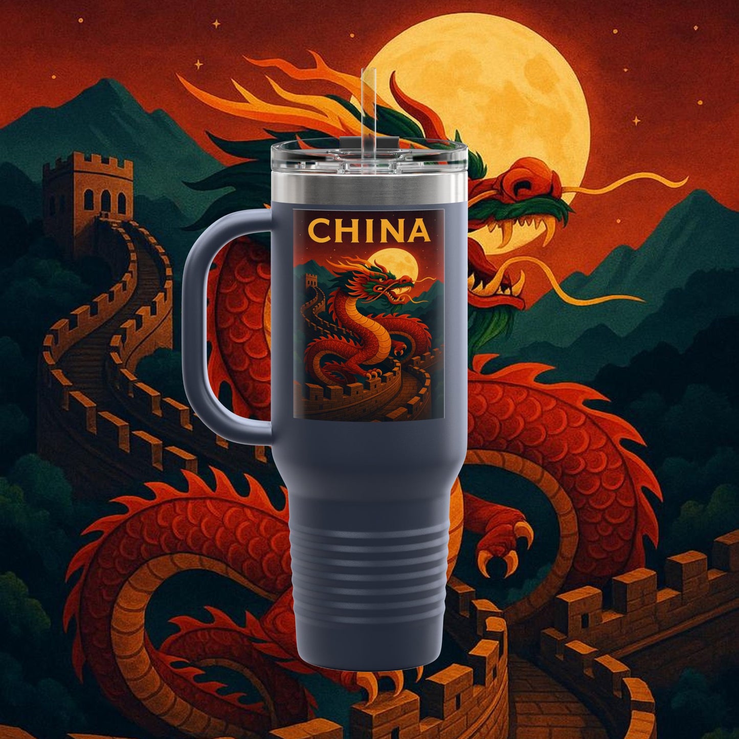 "China Insulated Travel Mug – Dragons, Walls, and Eternal Legends"