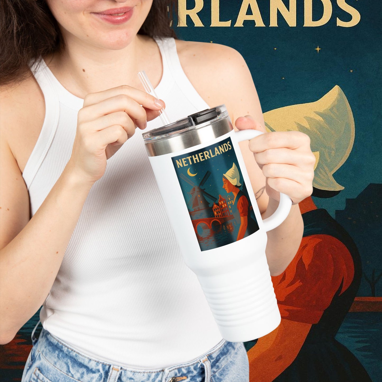"Netherlands Insulated Travel Mug✨ – Land of tulips, windmills, and magical canals"