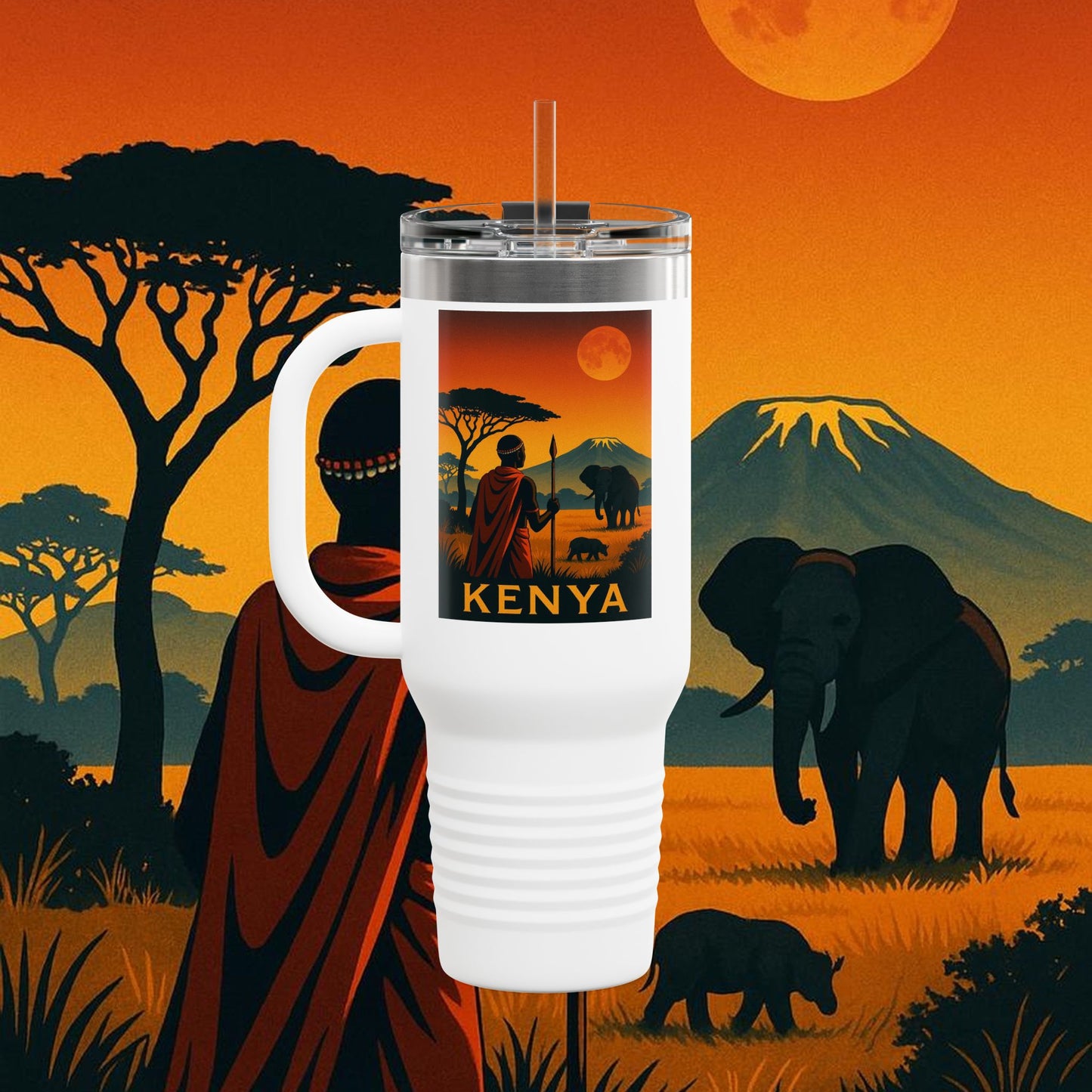 "Kenya Insulated Travel Mug: Wild Adventure and Land of Endless Horizons 🦁🌄🏕️"