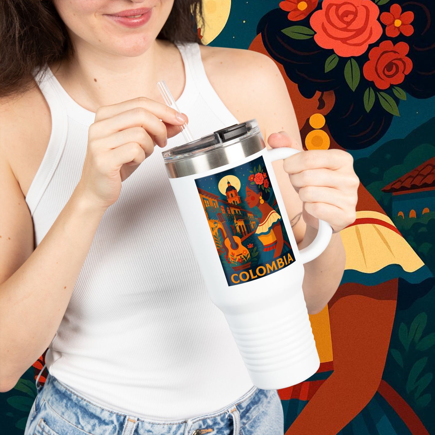 "taza de Viaje Aislada Colombia: Magia de Colores, Café y Tradición ☕🎨🌄"