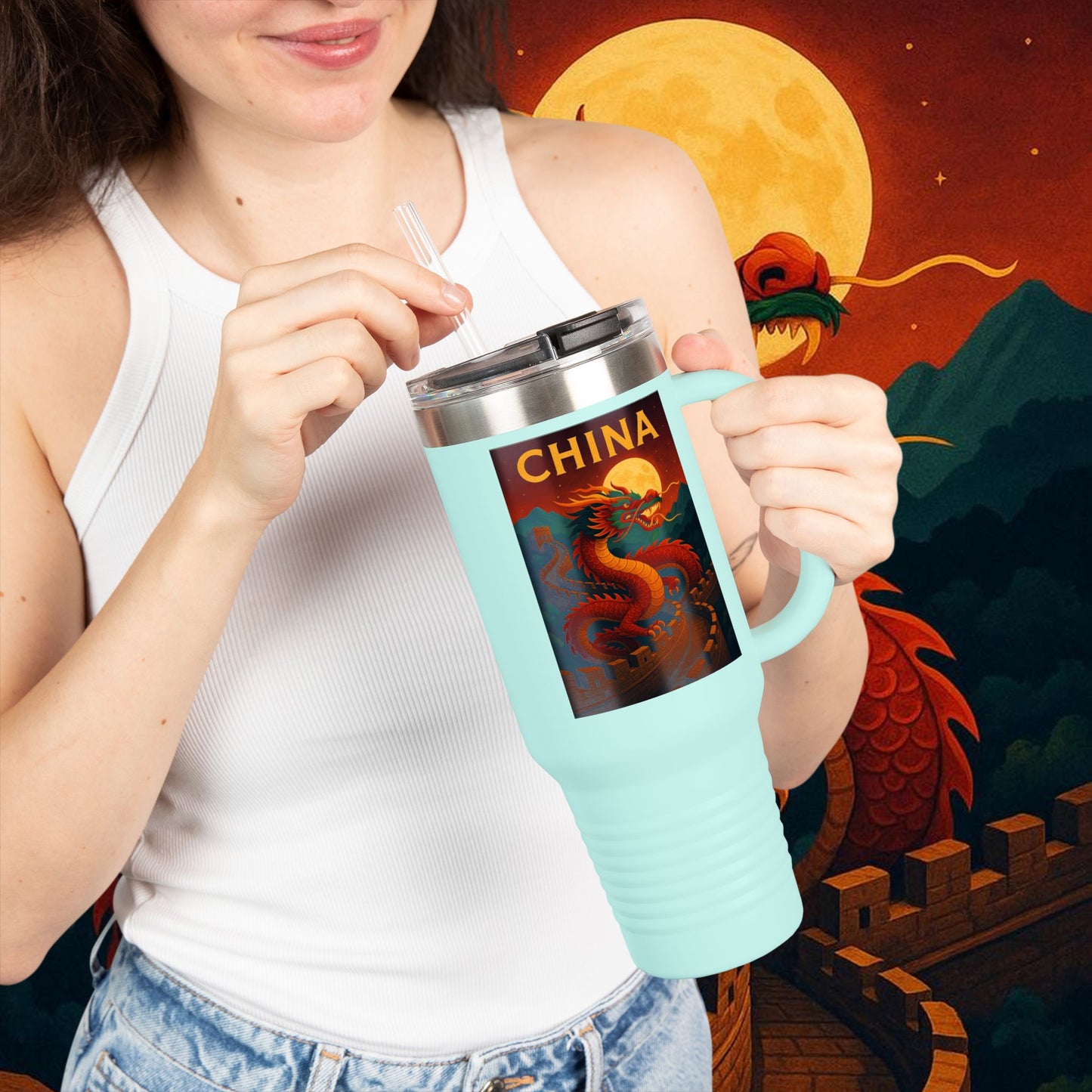 "China Insulated Travel Mug – Dragons, Walls, and Eternal Legends"