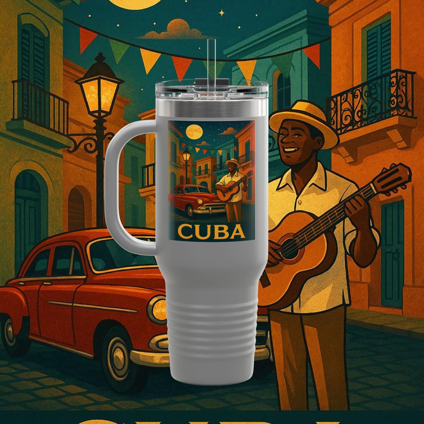 "taza de Viaje Aislada Cuba: Ritmo, Historia y Encanto Caribeño 🎺🚗🌴 "