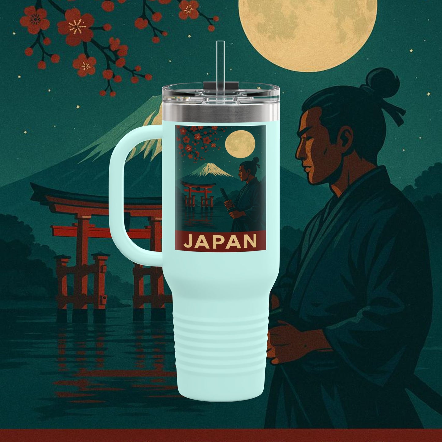 "Japan Insulated Travel Mug: Tradition among Cherry Blossoms and Mountains 🌸⛩️🗻"