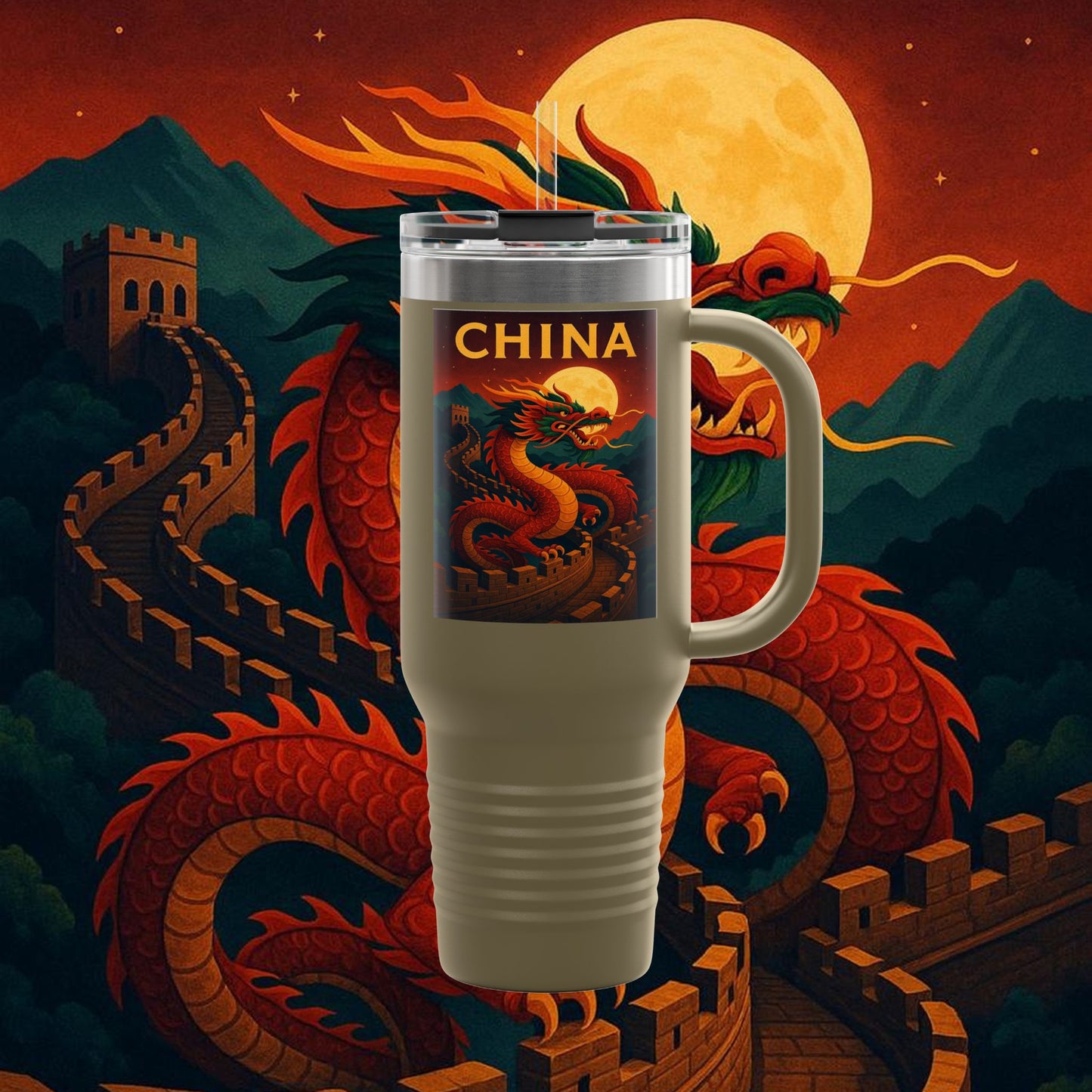 "China Insulated Travel Mug – Dragons, Walls, and Eternal Legends"