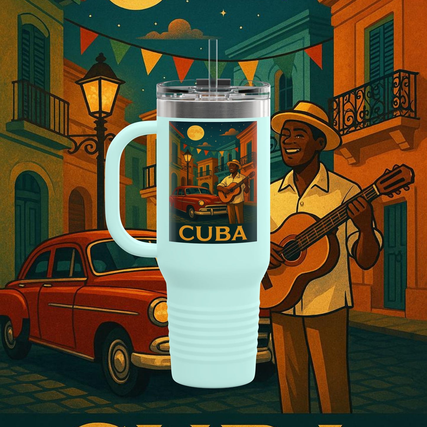 "taza de Viaje Aislada Cuba: Ritmo, Historia y Encanto Caribeño 🎺🚗🌴 "