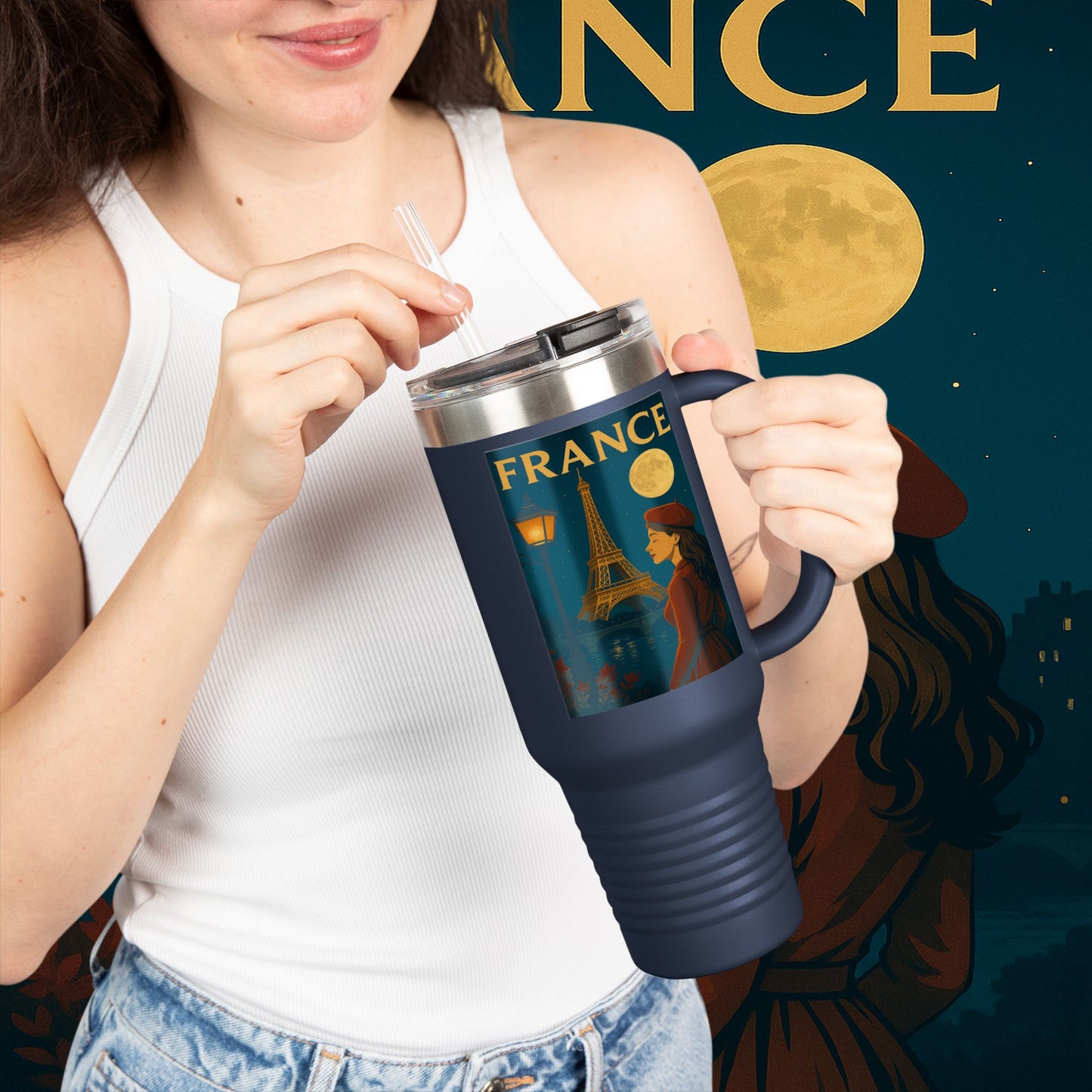 "France Insulated Travel Mug: Moonlit Romance 🌙🗼✨"