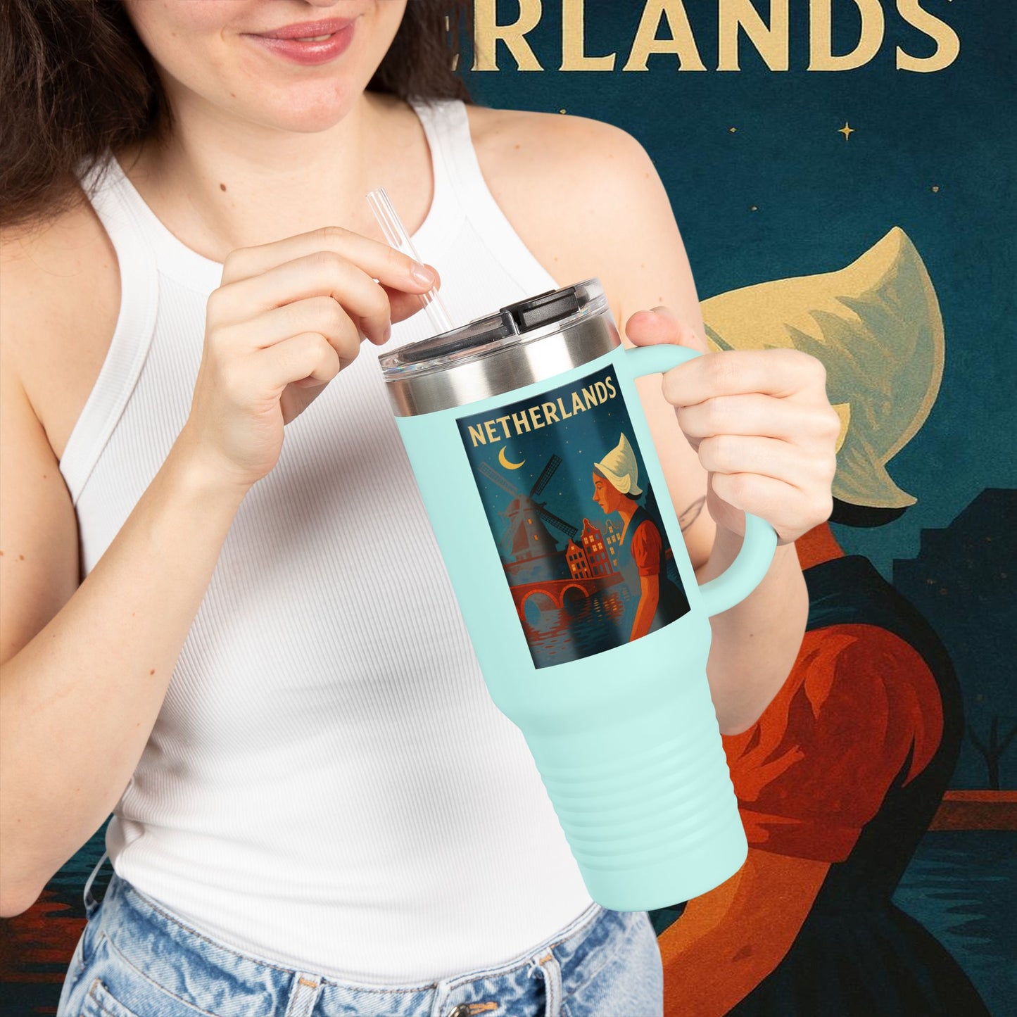 "Netherlands Insulated Travel Mug✨ – Land of tulips, windmills, and magical canals"
