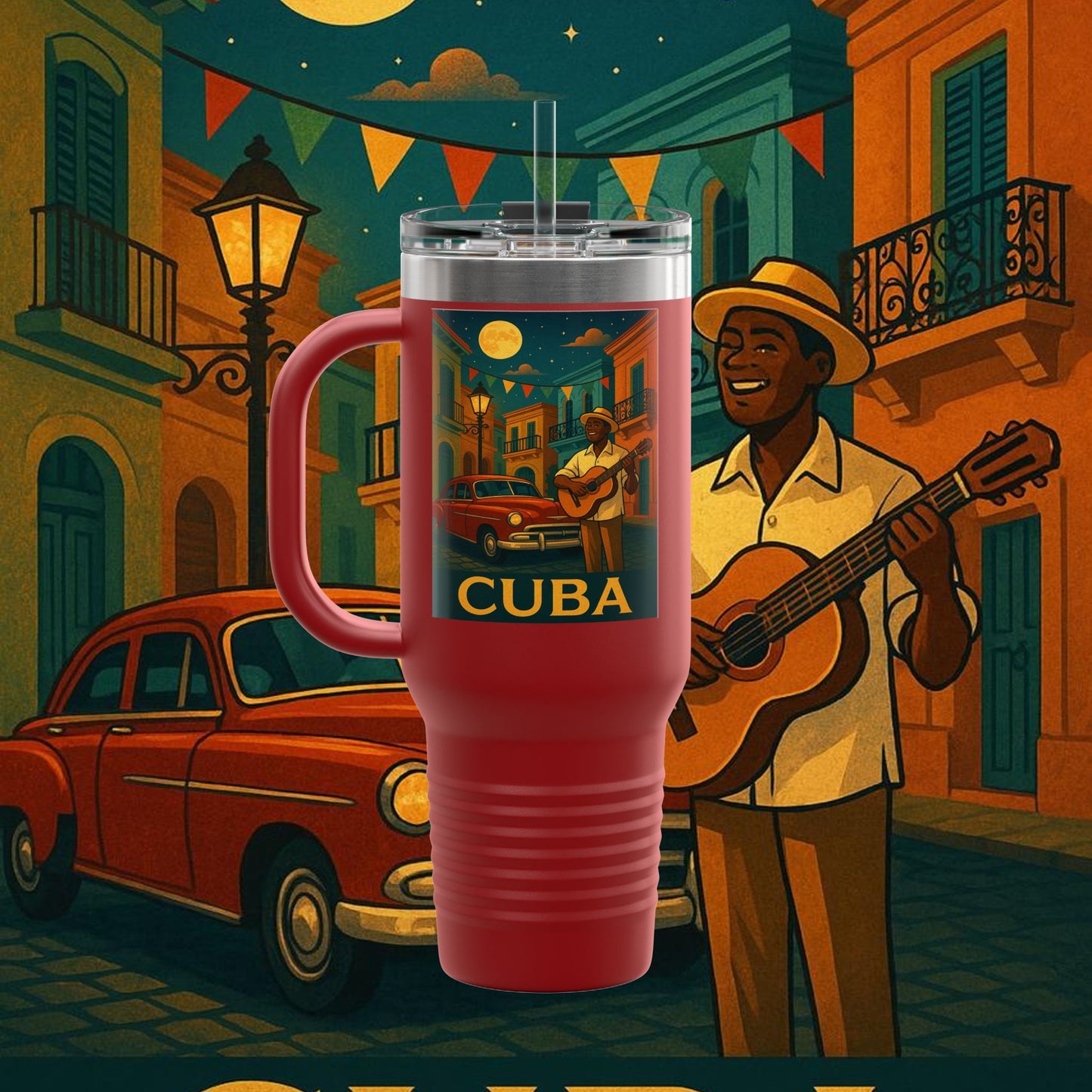 "taza de Viaje Aislada Cuba: Ritmo, Historia y Encanto Caribeño 🎺🚗🌴 "