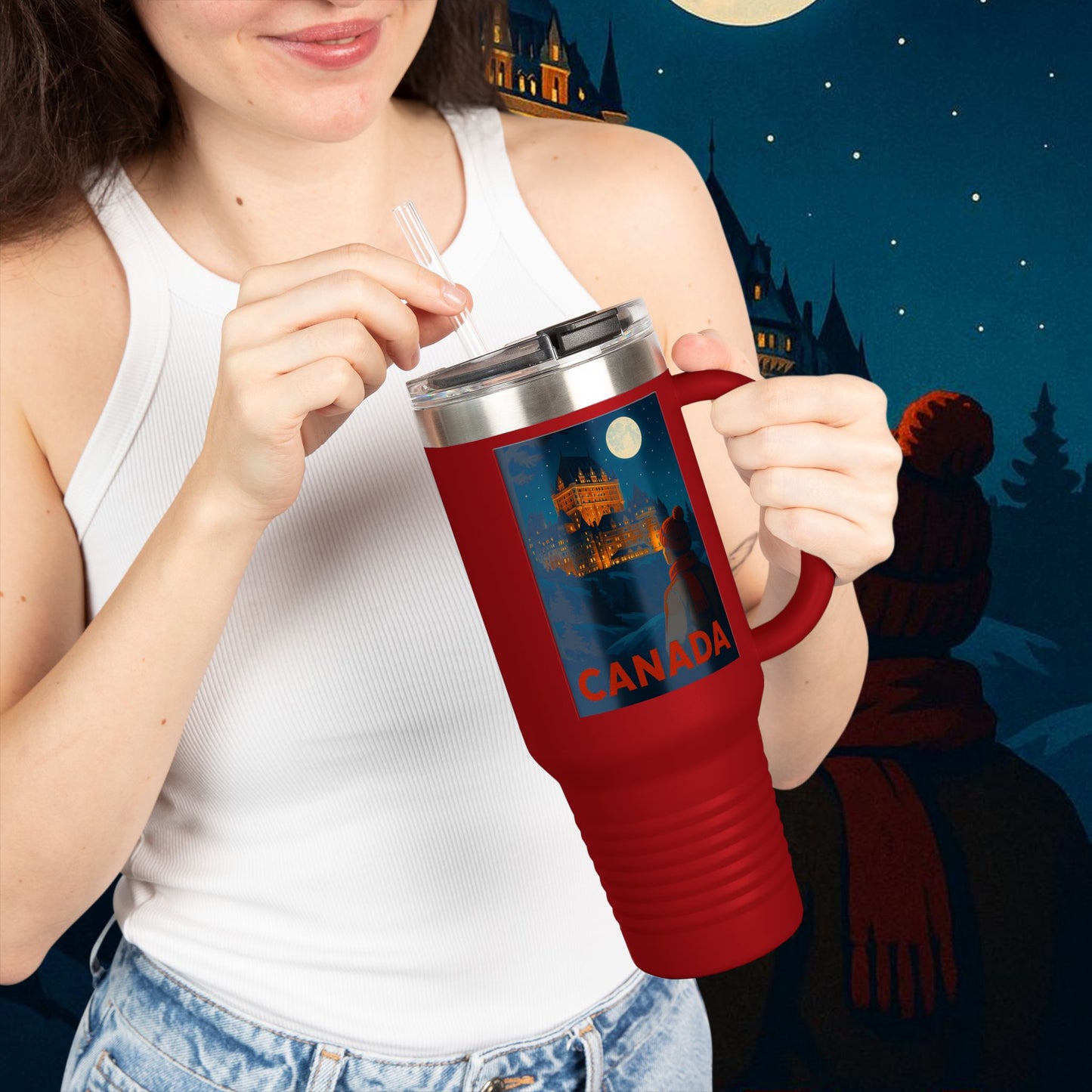 "Canada Insulated Travel Mug: Majestic Nature and Free Spirit 🍁🏞️🦌"