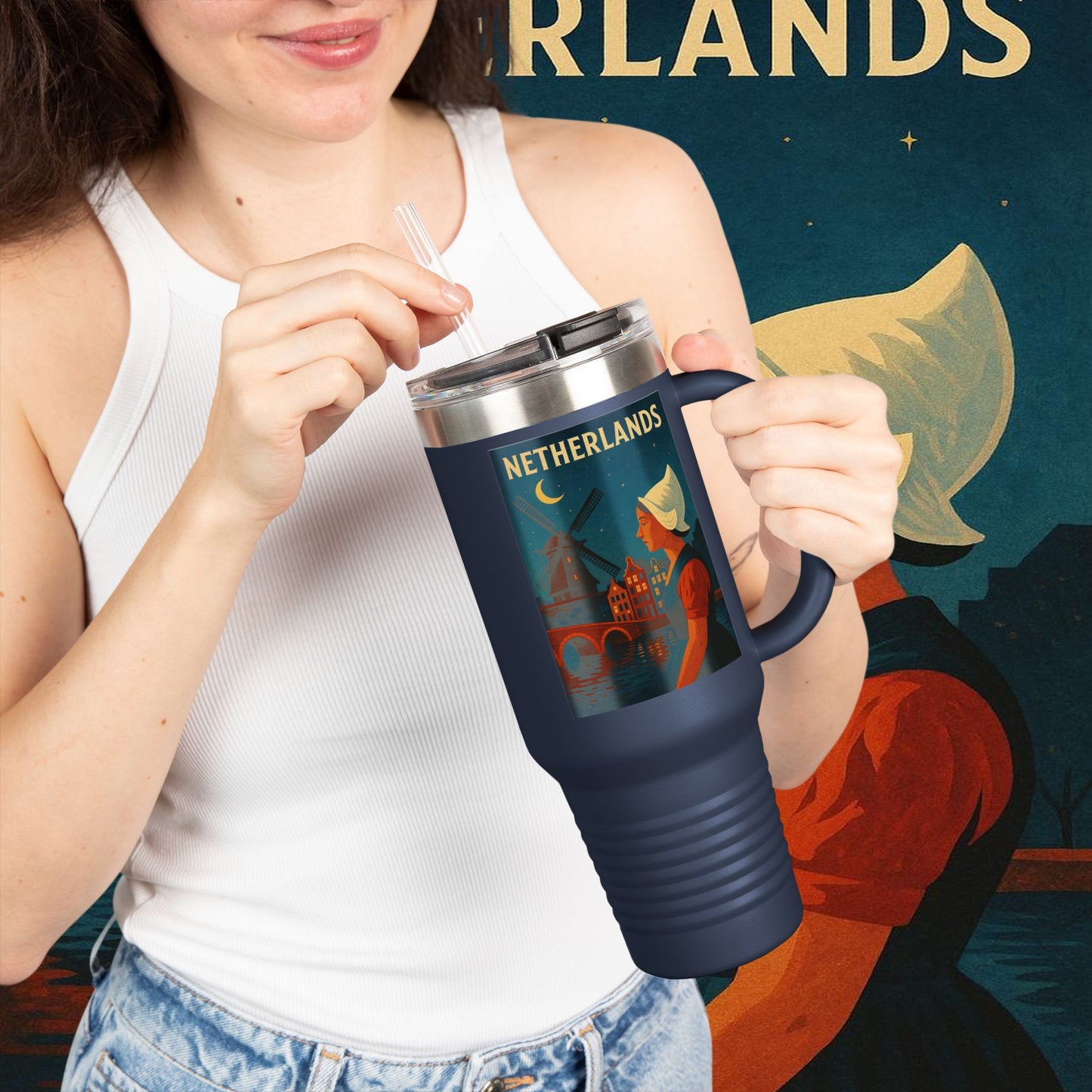"Netherlands Insulated Travel Mug✨ – Land of tulips, windmills, and magical canals"