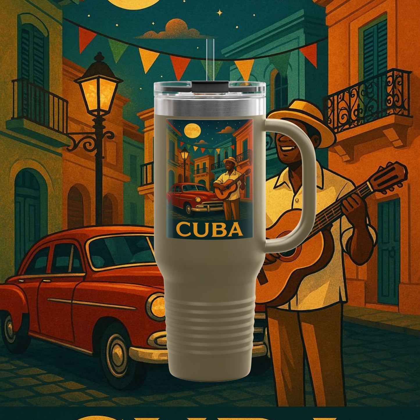"taza de Viaje Aislada Cuba: Ritmo, Historia y Encanto Caribeño 🎺🚗🌴 "