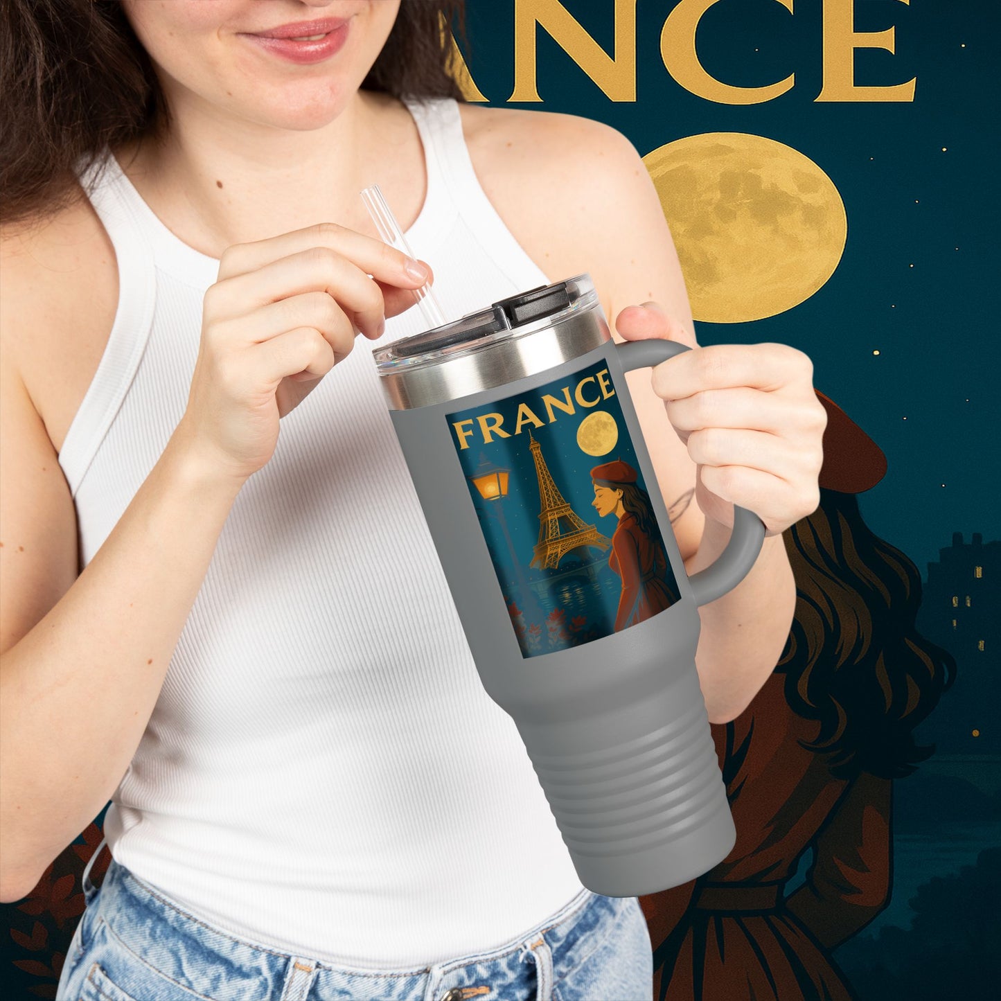 "France Insulated Travel Mug: Moonlit Romance 🌙🗼✨"