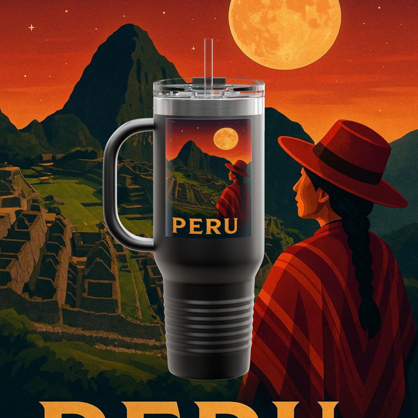 "Peru Insulated Travel Mug: Mysticism, History, and Eternal Wonders 🏔️🦙🛕"