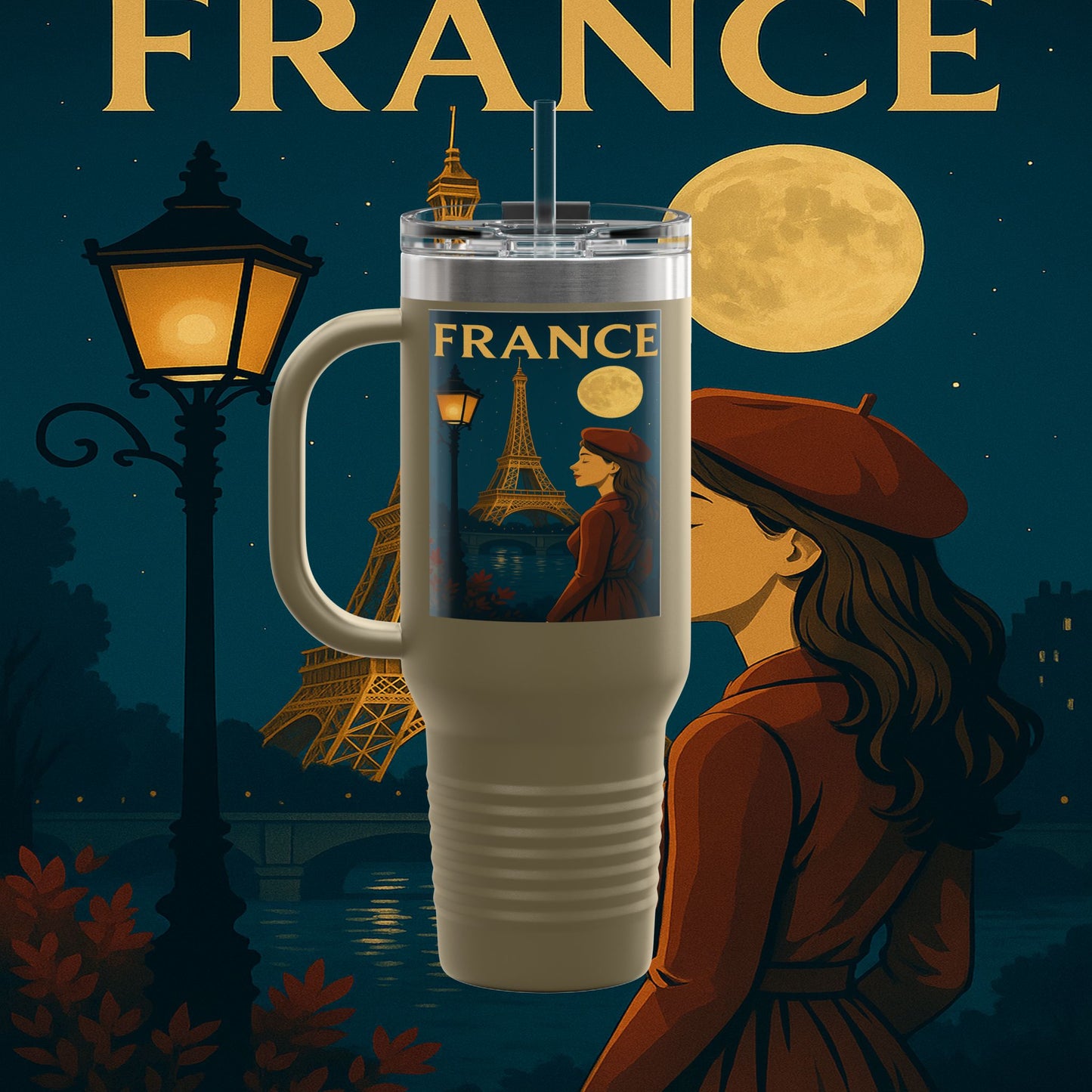 "France Insulated Travel Mug: Moonlit Romance 🌙🗼✨"