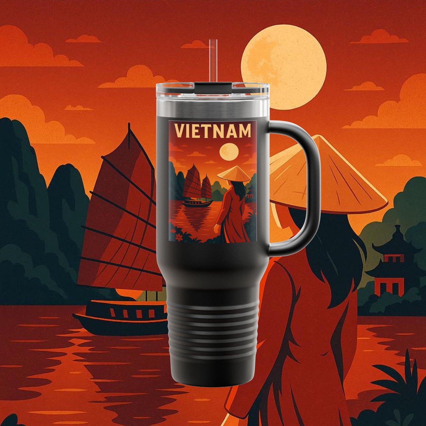 "Vietnam Insulated Travel Mug: Tradition, Nature, and Ancestral Legends 🎋🏯🐉"
