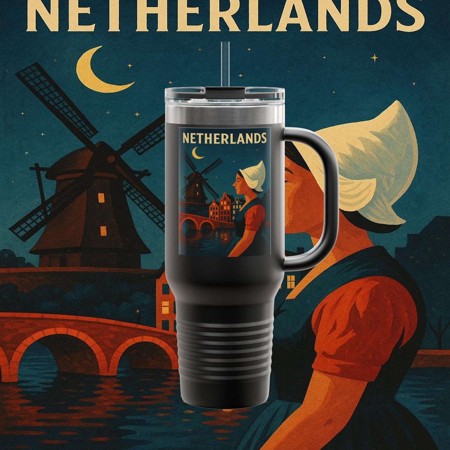 "Netherlands Insulated Travel Mug✨ – Land of tulips, windmills, and magical canals"