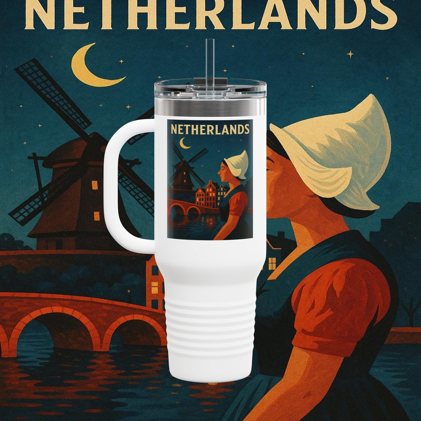 "Netherlands Insulated Travel Mug✨ – Land of tulips, windmills, and magical canals"
