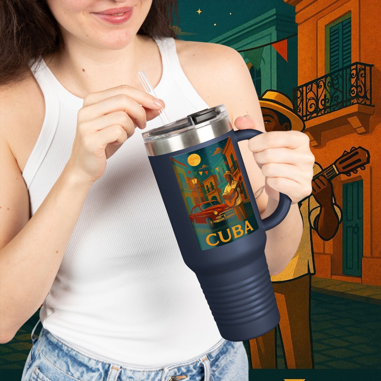 "taza de Viaje Aislada Cuba: Ritmo, Historia y Encanto Caribeño 🎺🚗🌴 "