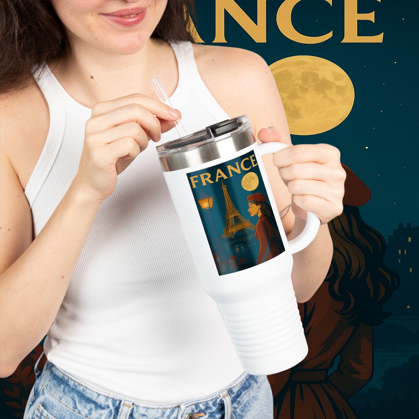 "France Insulated Travel Mug: Moonlit Romance 🌙🗼✨"