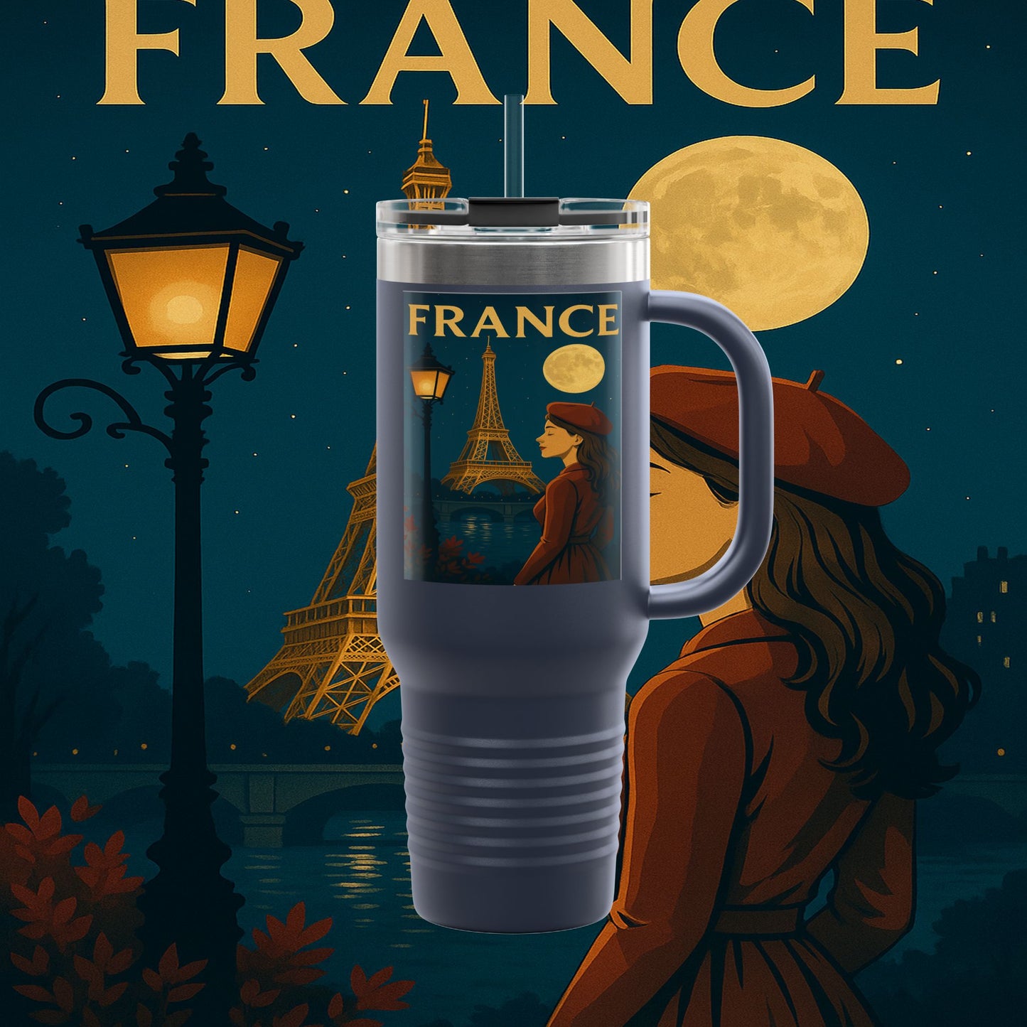 "France Insulated Travel Mug: Moonlit Romance 🌙🗼✨"