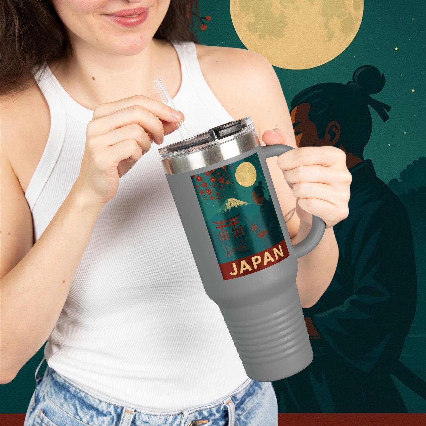 "Japan Insulated Travel Mug: Tradition among Cherry Blossoms and Mountains 🌸⛩️🗻"
